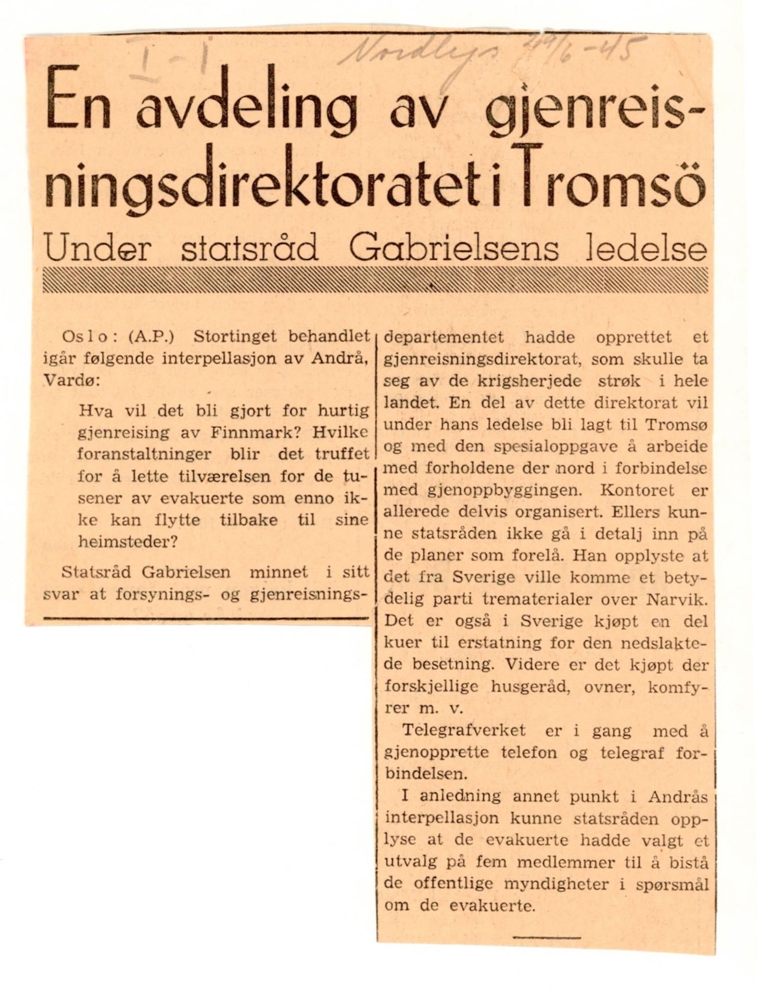 Finnmarkskontorets presse- og opplysningsarkiv , FMFB/A-1198/E/L0003/0002b: I Nord-Troms og Finnmark - generelt  / Tromsø-kontoret, 1945-1947