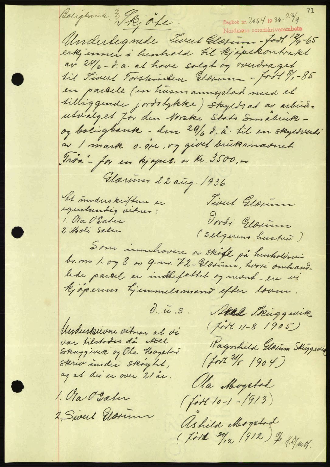 Nordmøre sorenskriveri, AV/SAT-A-4132/1/2/2Ca: Mortgage book no. A80, 1936-1937, Diary no: : 2064/1936