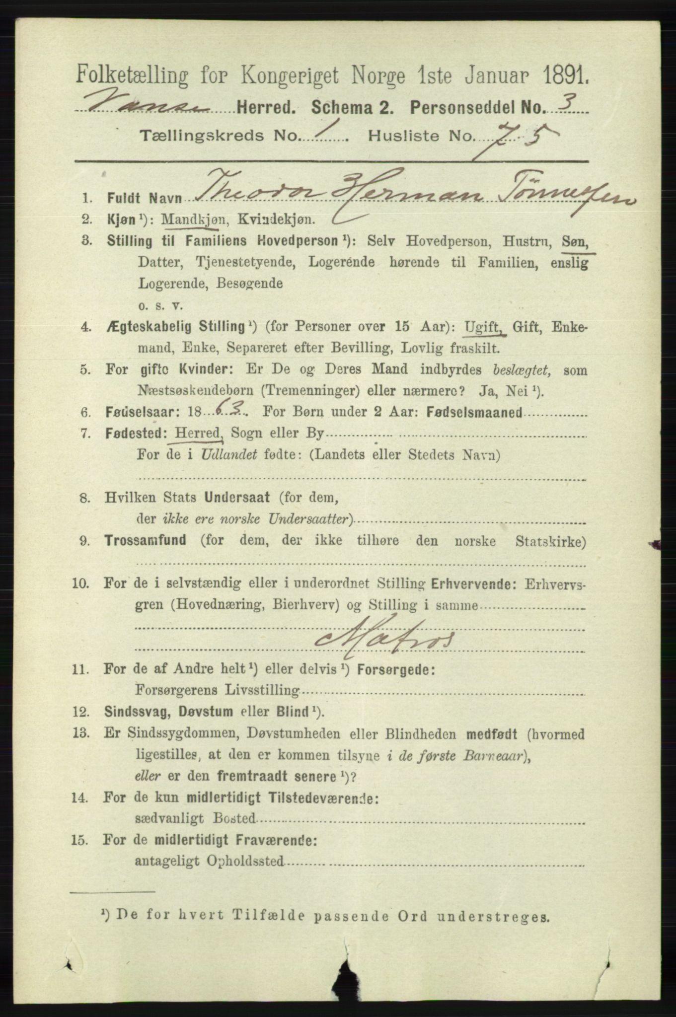 RA, 1891 census for 1041 Vanse, 1891, p. 460