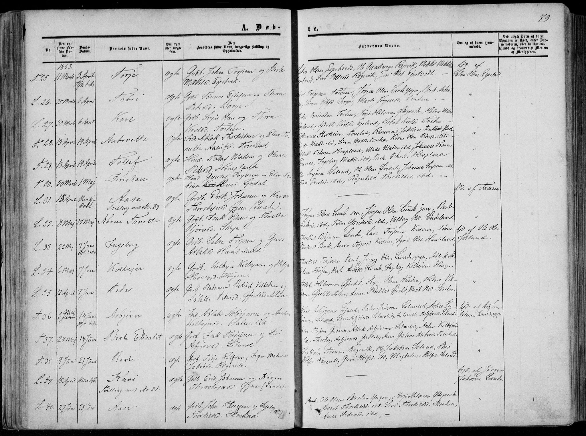 Sirdal sokneprestkontor, AV/SAK-1111-0036/F/Fa/Fab/L0002: Parish register (official) no. A 2, 1855-1874, p. 79