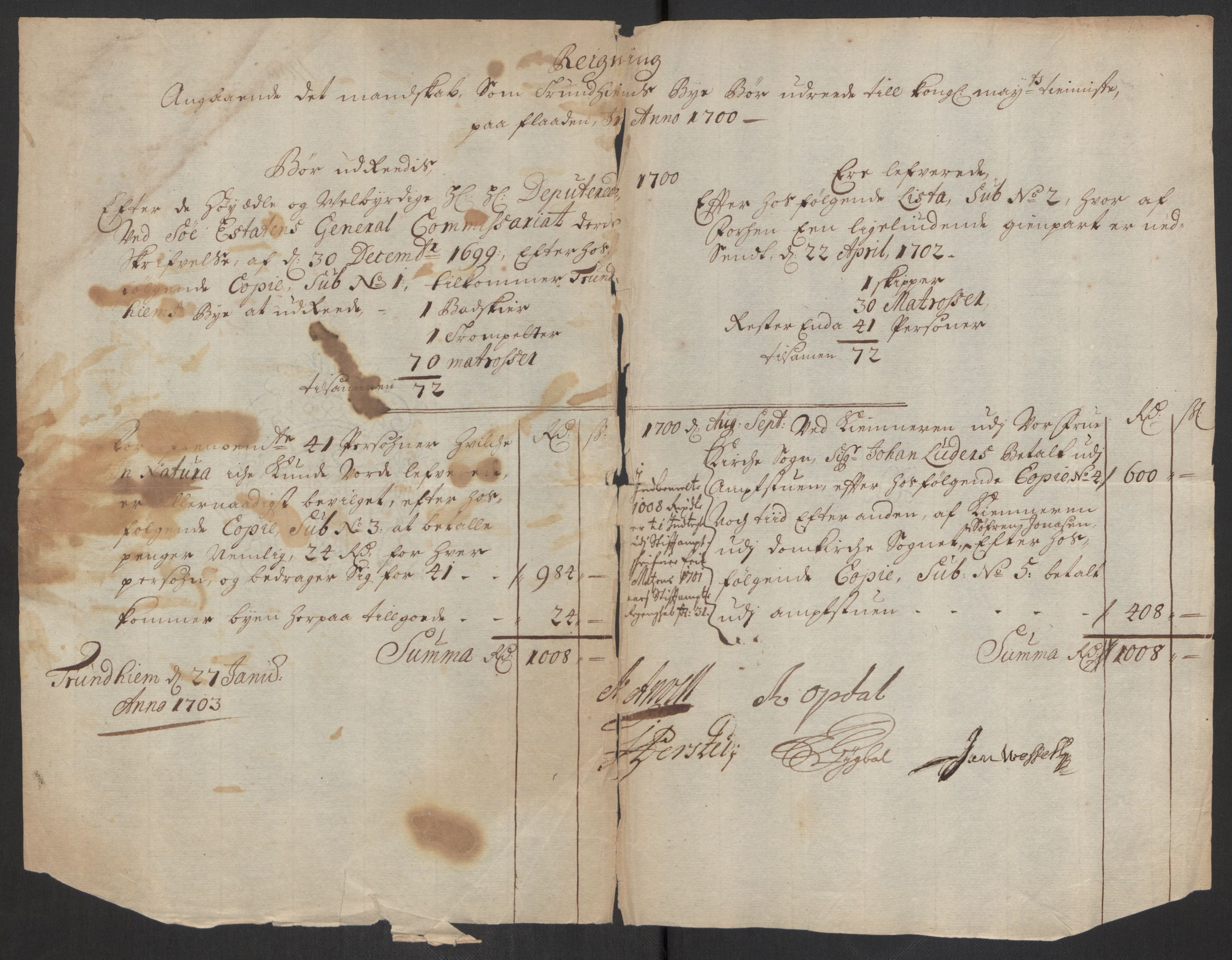 Rentekammeret inntil 1814, Reviderte regnskaper, Byregnskaper, AV/RA-EA-4066/R/Rs/L0507: [S3] Kontribusjonsregnskap, 1699-1711, p. 313