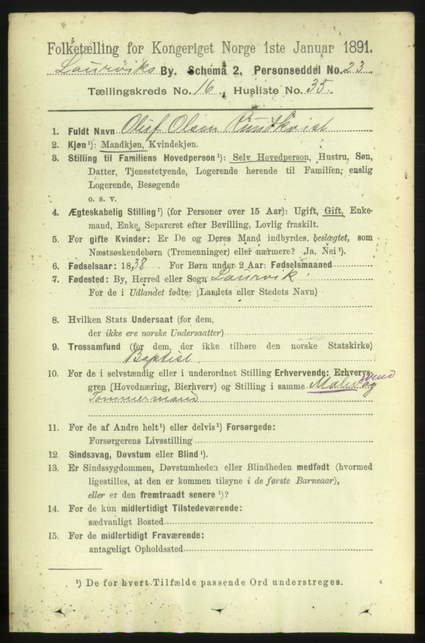 RA, 1891 census for 0707 Larvik, 1891, p. 11926