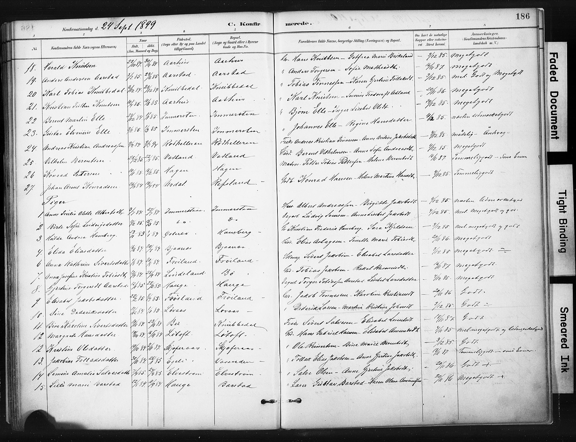 Sokndal sokneprestkontor, AV/SAST-A-101808: Parish register (official) no. A 11.1, 1887-1905, p. 186