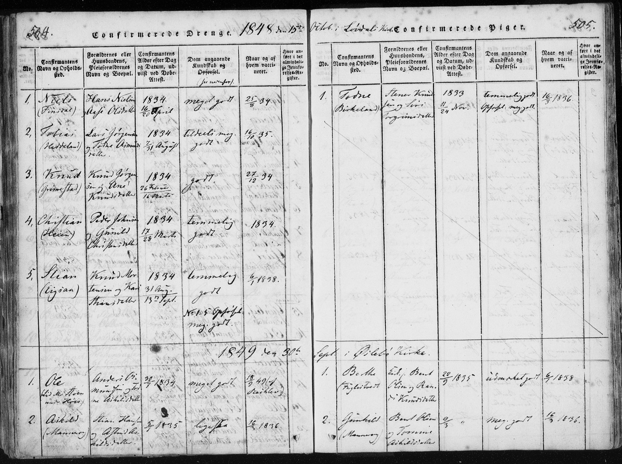 Holum sokneprestkontor, AV/SAK-1111-0022/F/Fa/Fac/L0002: Parish register (official) no. A 2, 1821-1859, p. 504-505