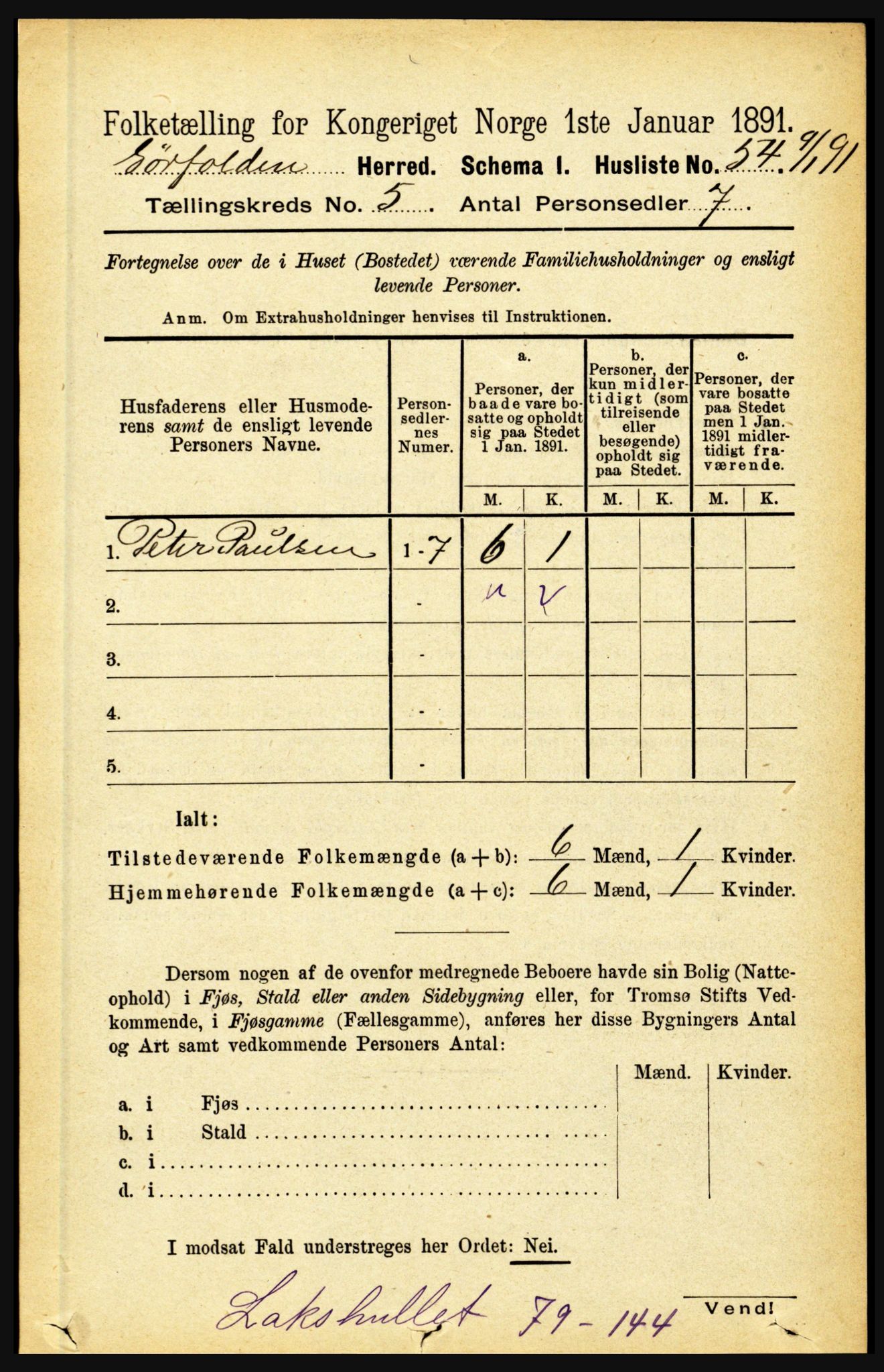 RA, 1891 census for 1845 Sørfold, 1891, p. 1356