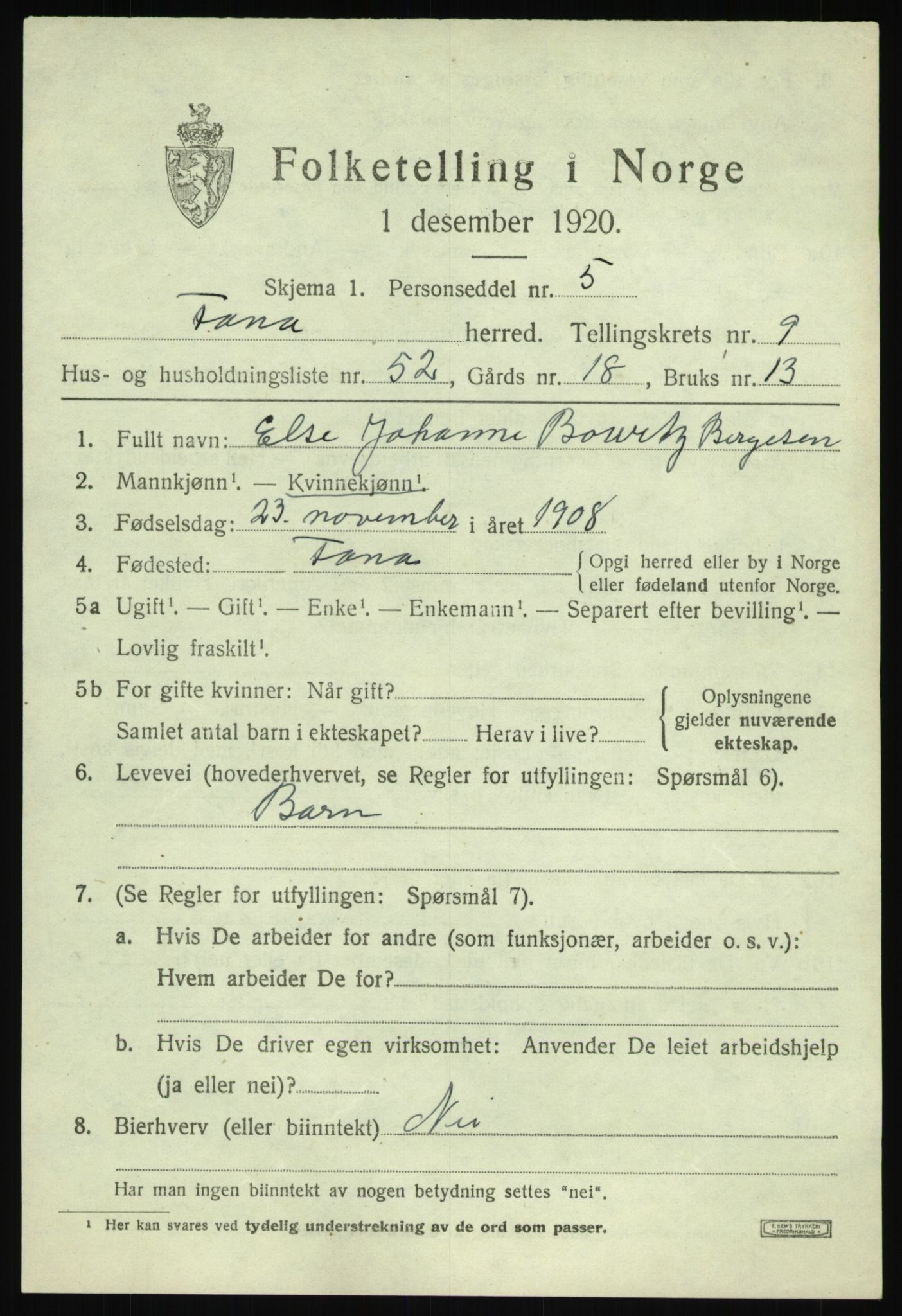 SAB, 1920 census for Fana, 1920, p. 16111