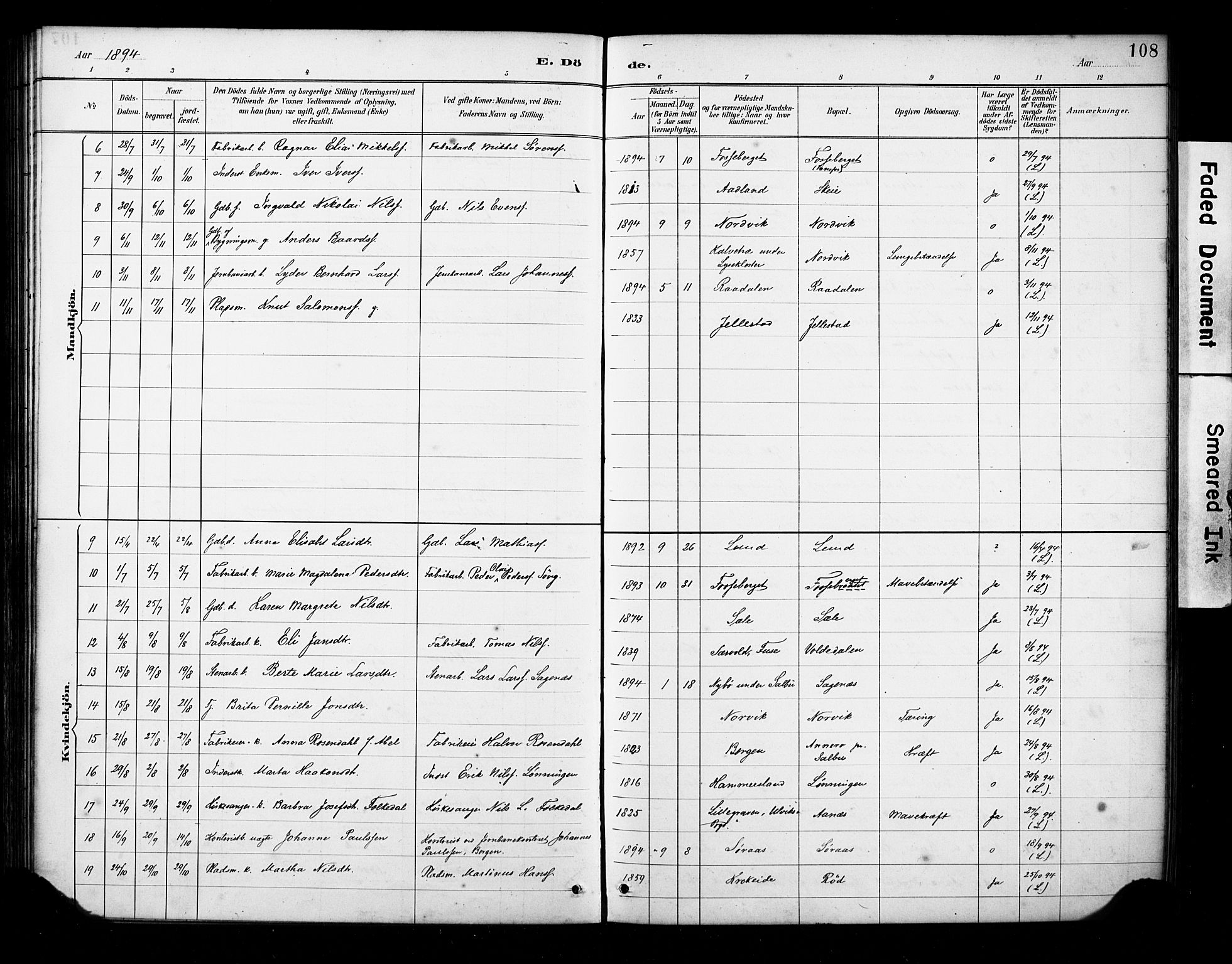 Fana Sokneprestembete, AV/SAB-A-75101/H/Haa/Haab/L0002: Parish register (official) no. B 2, 1890-1897, p. 108