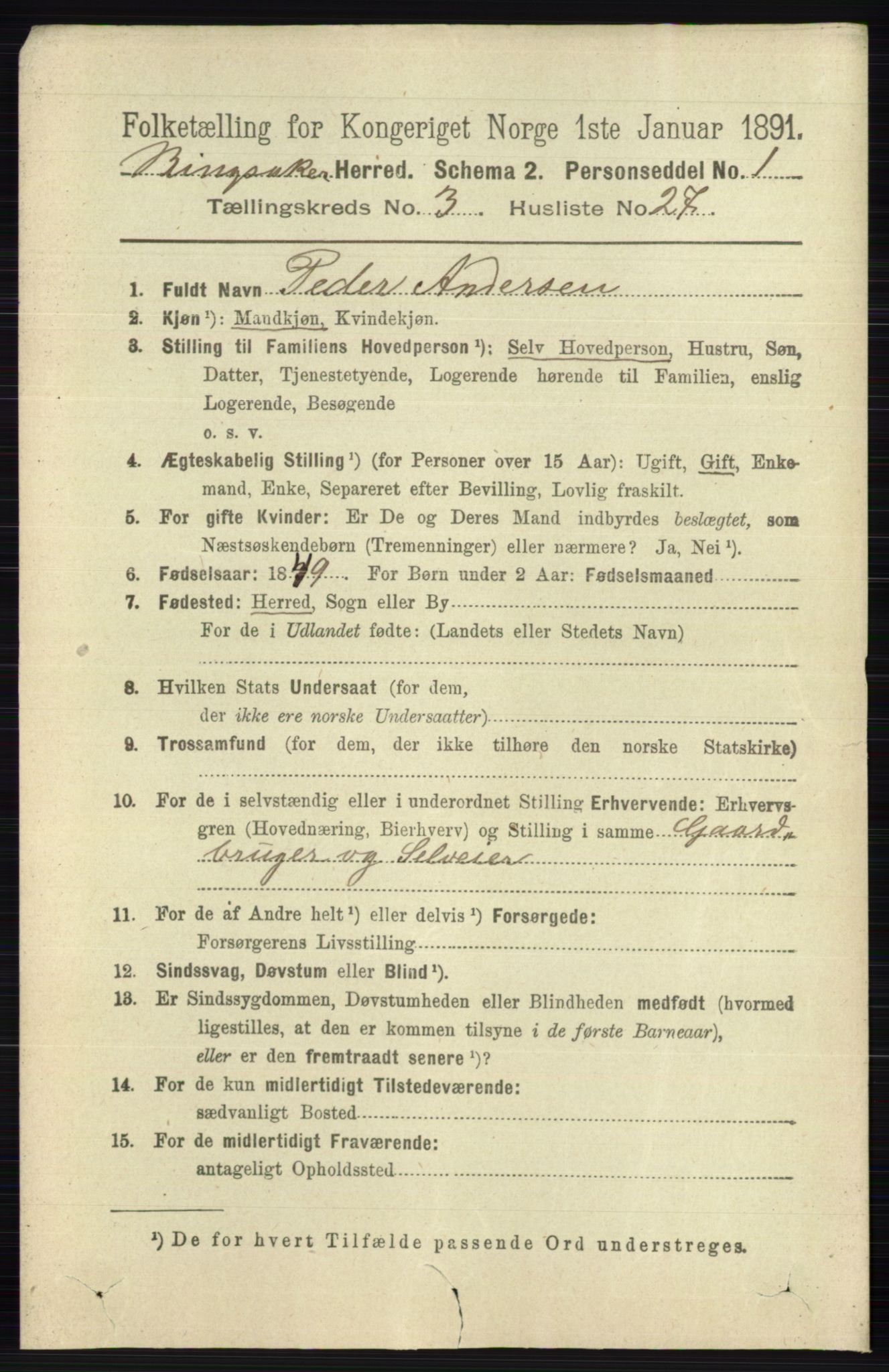 RA, 1891 census for 0412 Ringsaker, 1891, p. 1390