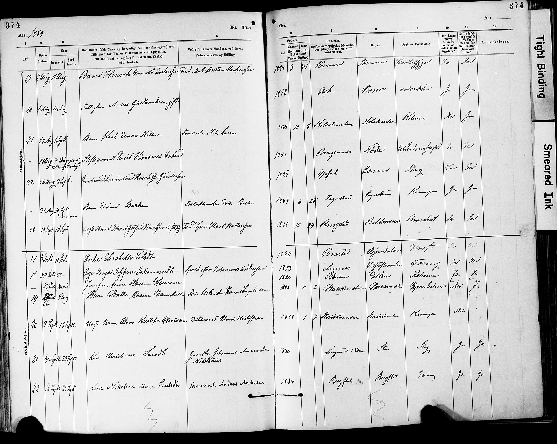 Lier kirkebøker, AV/SAKO-A-230/F/Fa/L0015: Parish register (official) no. I 15, 1883-1894, p. 374