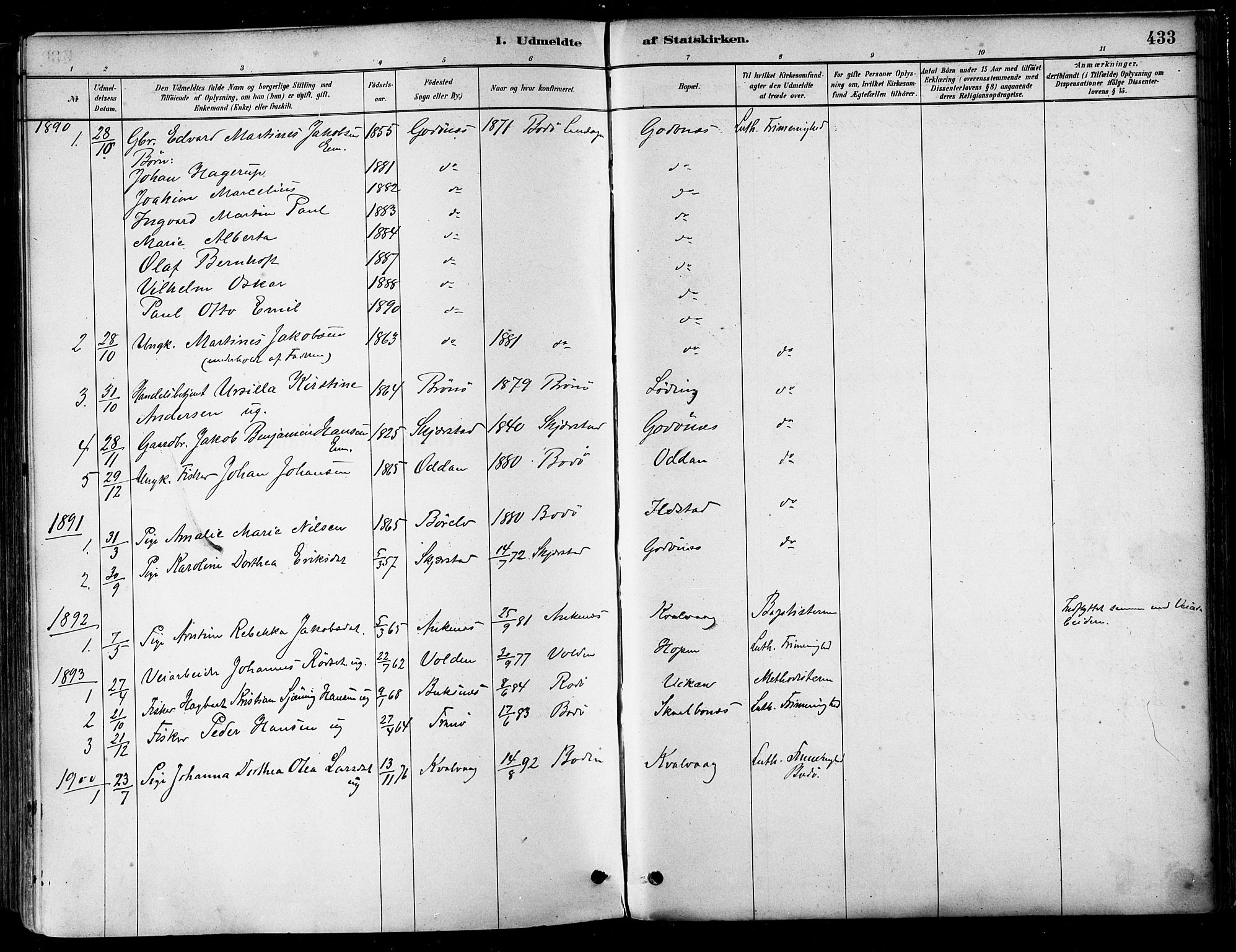 Ministerialprotokoller, klokkerbøker og fødselsregistre - Nordland, AV/SAT-A-1459/802/L0054: Parish register (official) no. 802A01, 1879-1893, p. 433