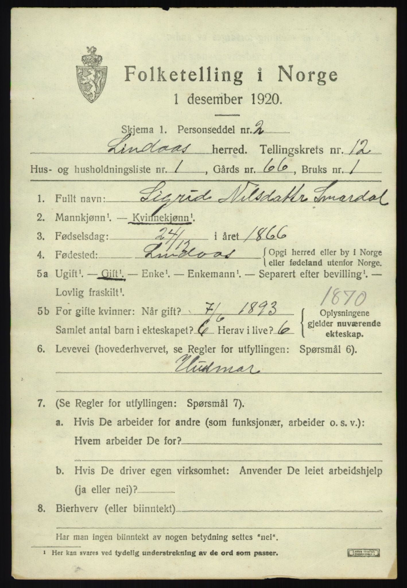 SAB, 1920 census for Lindås, 1920, p. 5923