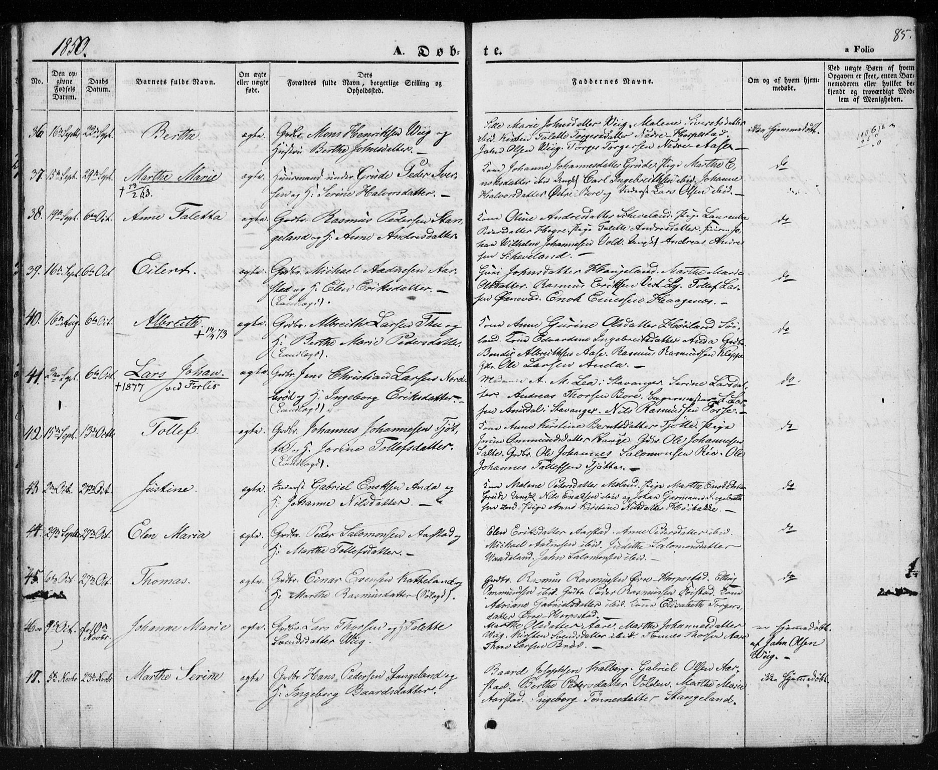 Klepp sokneprestkontor, AV/SAST-A-101803/001/3/30BA/L0004: Parish register (official) no. A 4, 1842-1852, p. 85