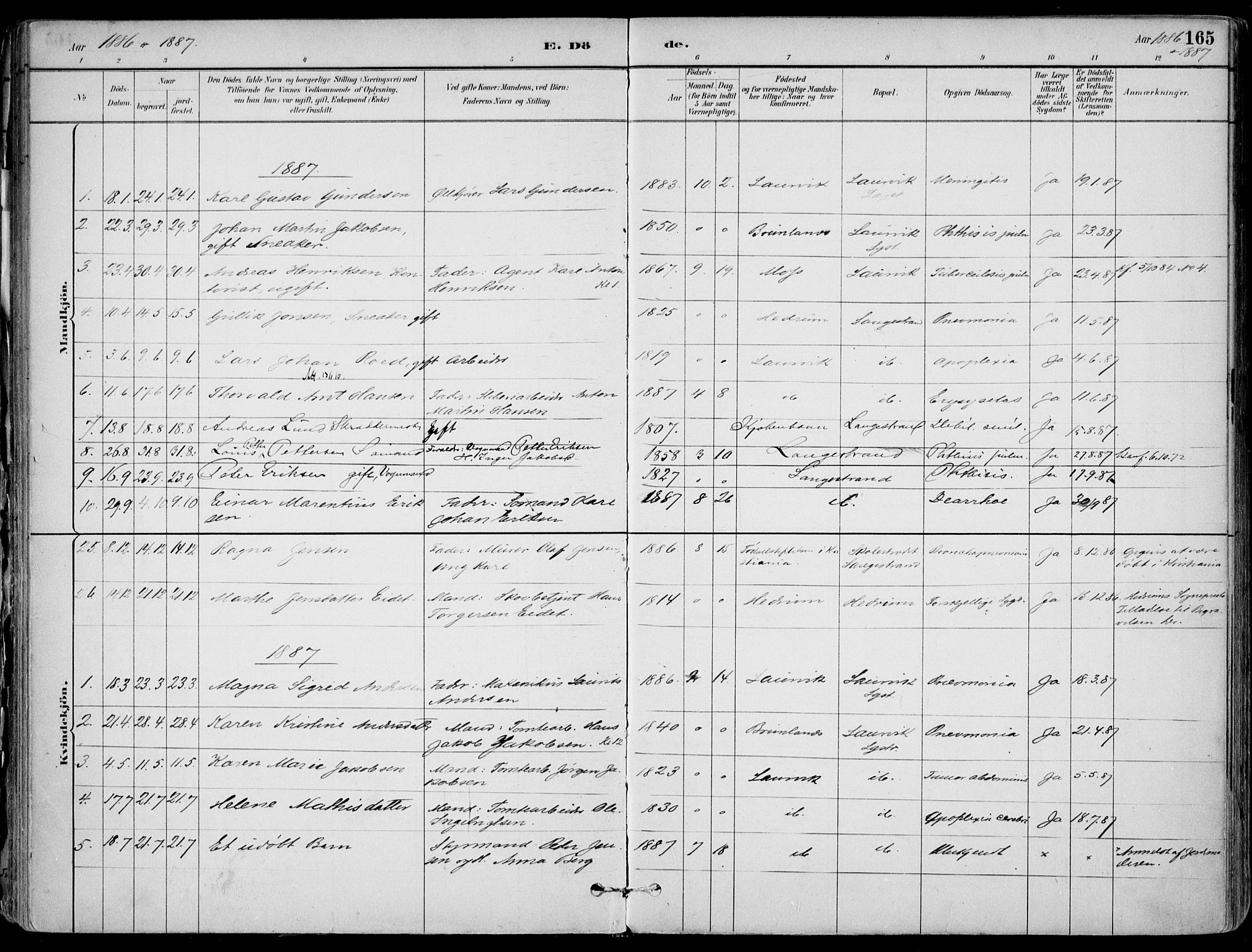 Larvik kirkebøker, AV/SAKO-A-352/F/Fb/L0004: Parish register (official) no. II 4, 1884-1902, p. 165