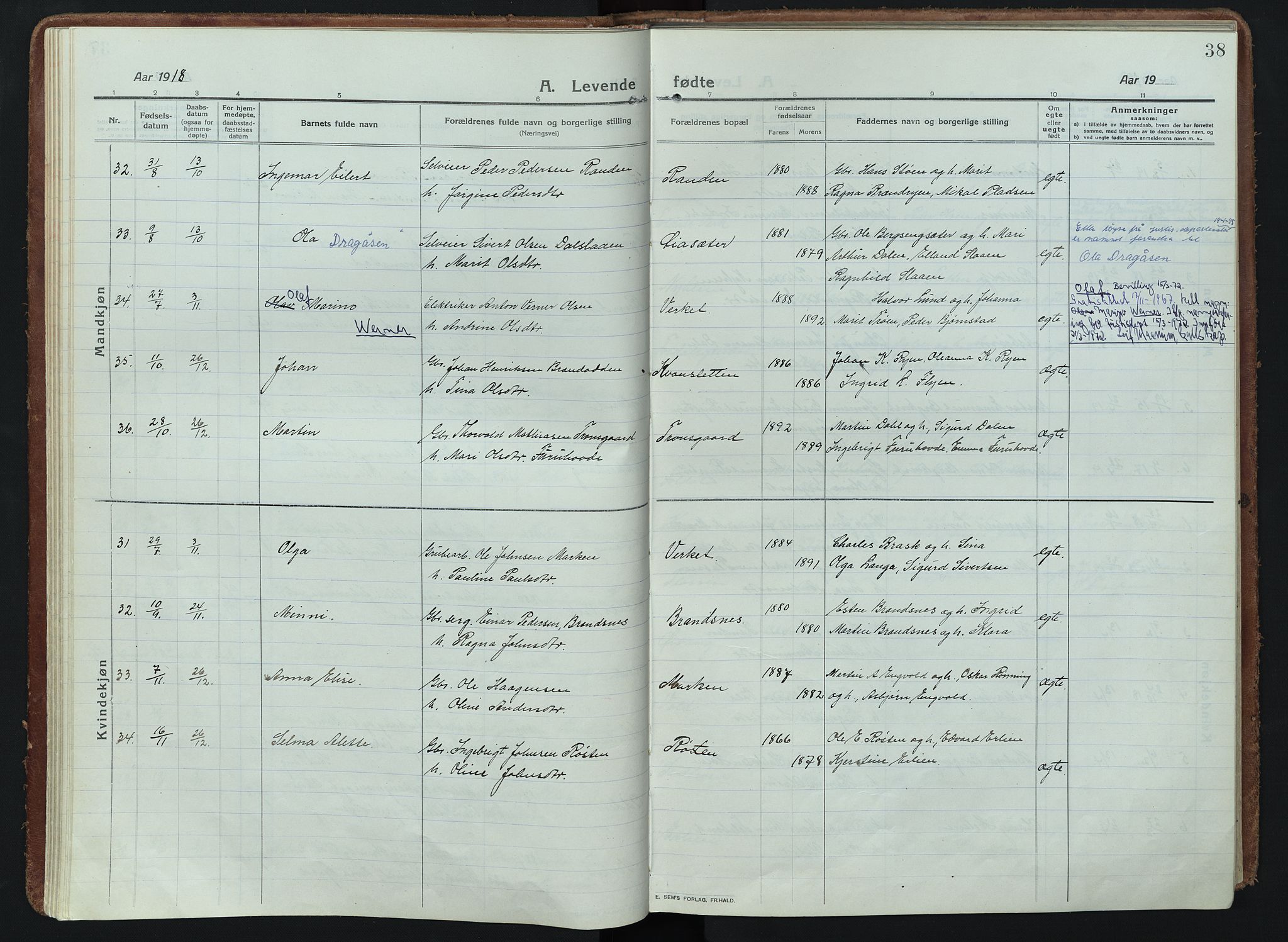Alvdal prestekontor, SAH/PREST-060/H/Ha/Haa/L0005: Parish register (official) no. 5, 1913-1930, p. 38