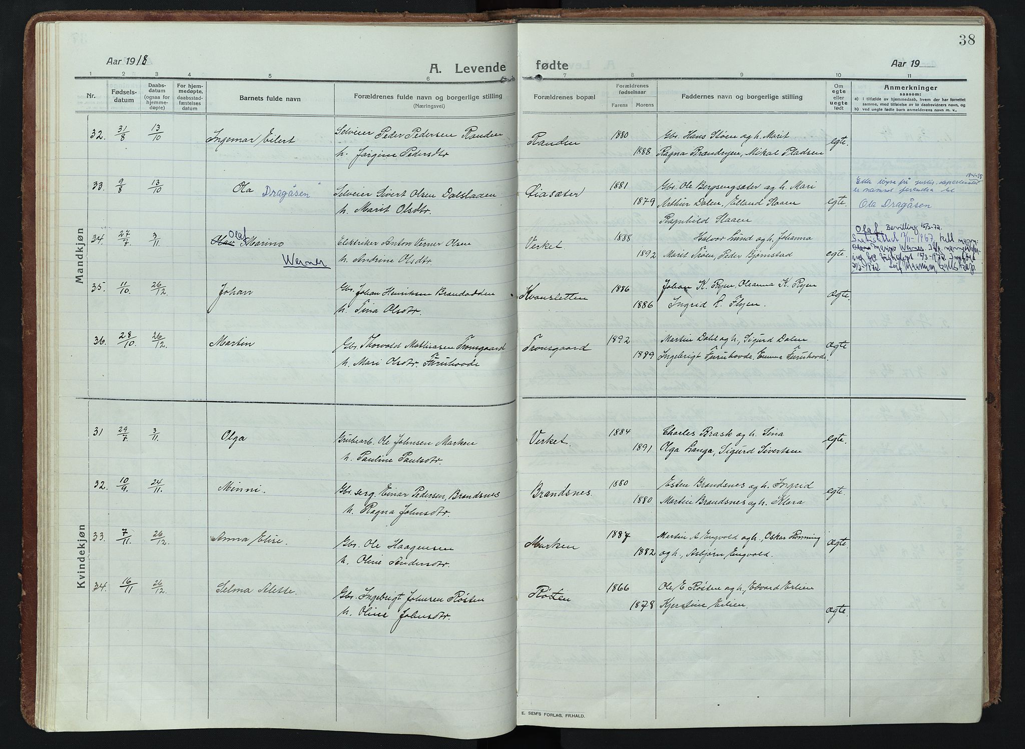 Alvdal prestekontor, AV/SAH-PREST-060/H/Ha/Haa/L0005: Parish register (official) no. 5, 1913-1930, p. 38