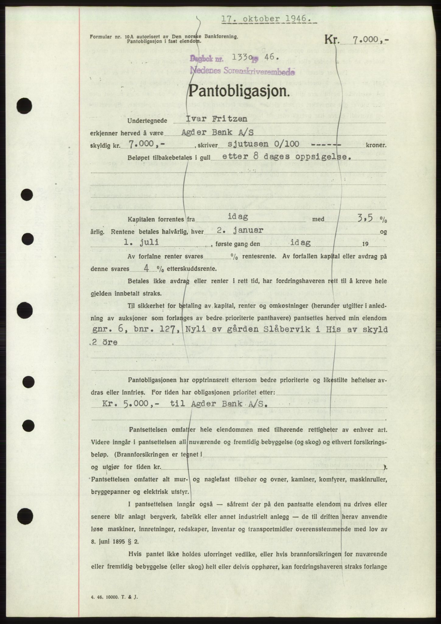 Nedenes sorenskriveri, SAK/1221-0006/G/Gb/Gbb/L0003: Mortgage book no. B3b, 1946-1946, Diary no: : 1330/1946