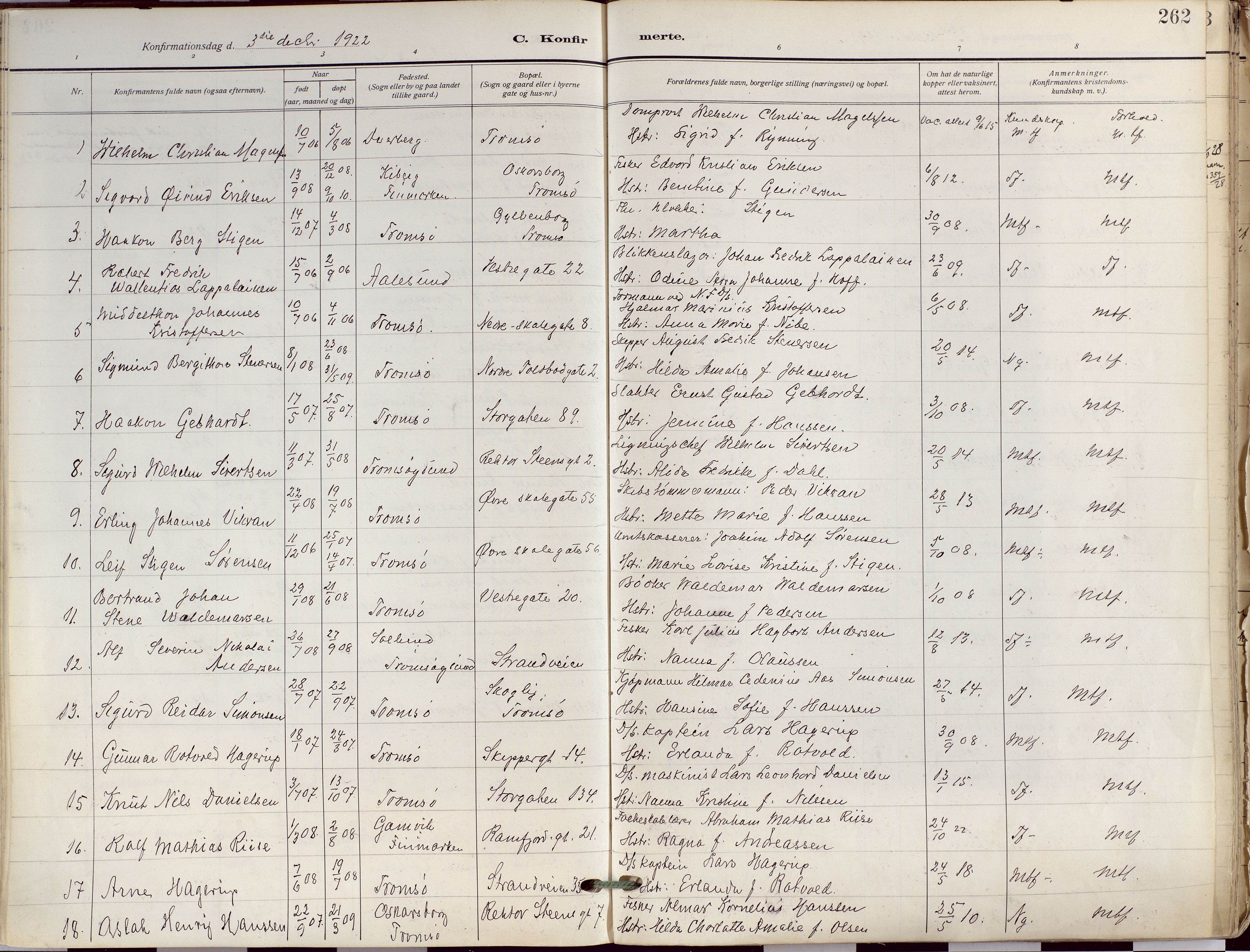 Tromsø sokneprestkontor/stiftsprosti/domprosti, SATØ/S-1343/G/Ga/L0019kirke: Parish register (official) no. 19, 1917-1927, p. 262