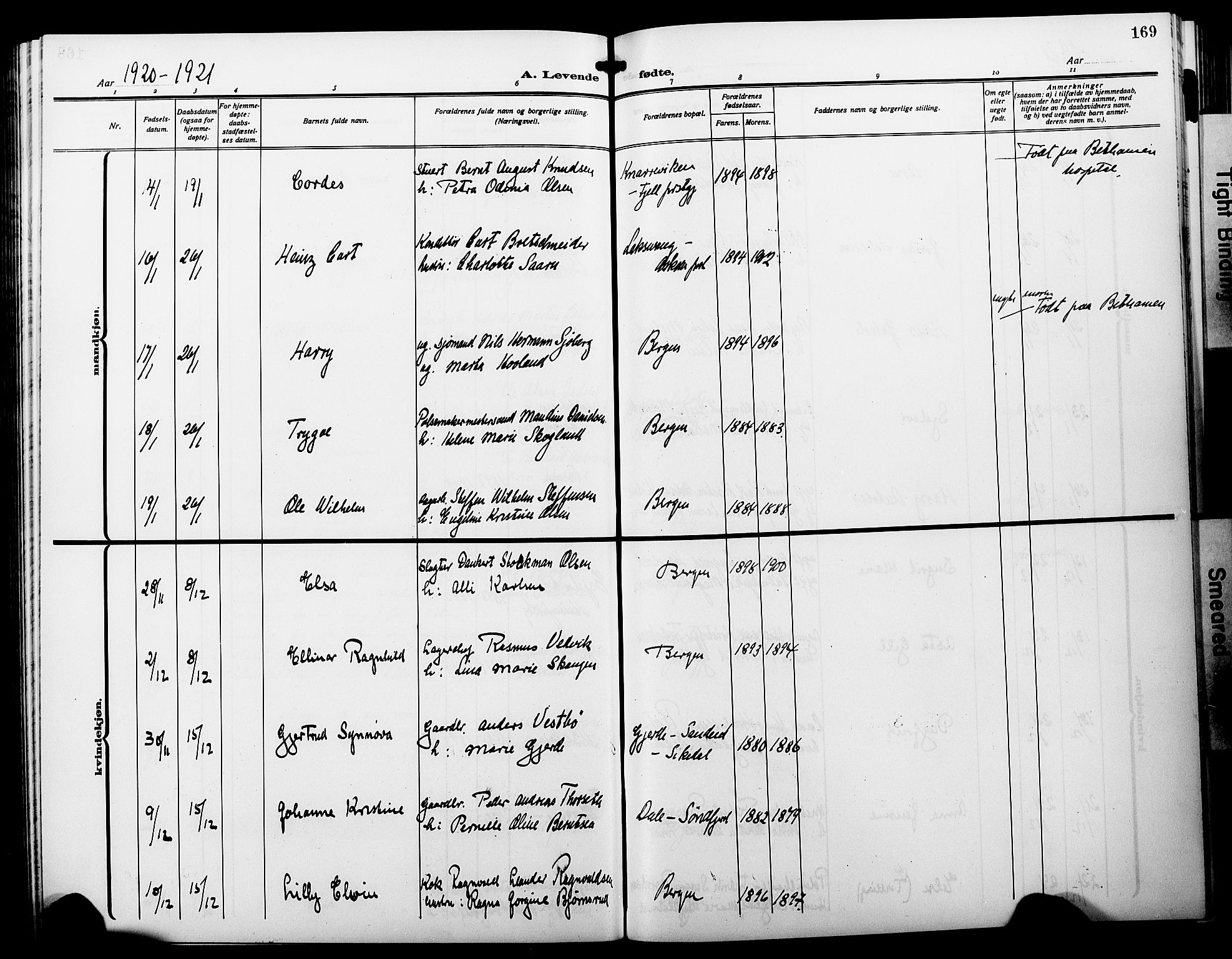 Fødselsstiftelsens sokneprestembete*, SAB/-: Parish register (copy) no. A 3, 1916-1925, p. 169