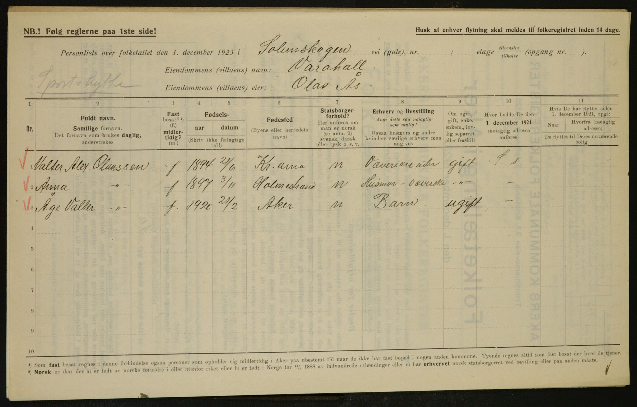 , Municipal Census 1923 for Aker, 1923, p. 31261