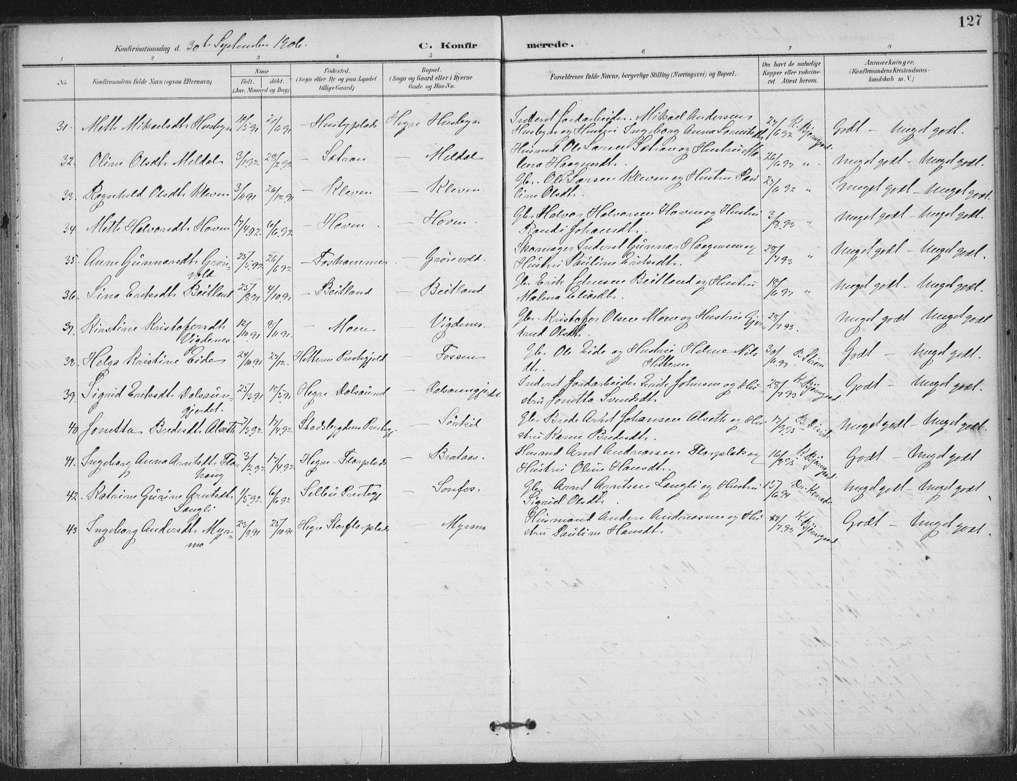 Ministerialprotokoller, klokkerbøker og fødselsregistre - Nord-Trøndelag, SAT/A-1458/703/L0031: Parish register (official) no. 703A04, 1893-1914, p. 127