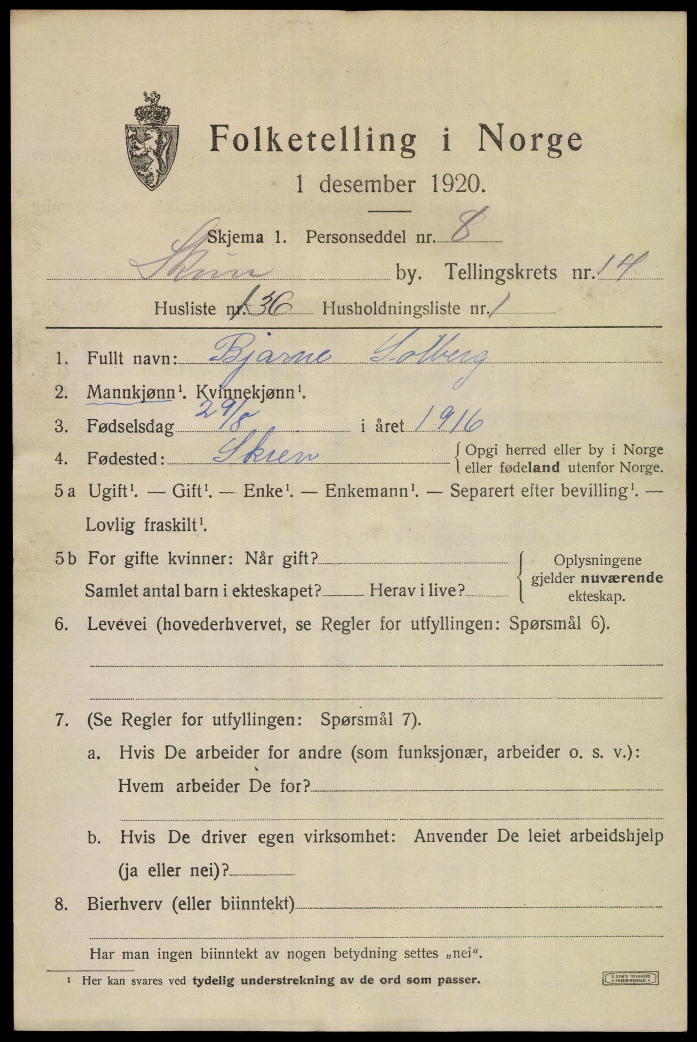 SAKO, 1920 census for Skien, 1920, p. 43530