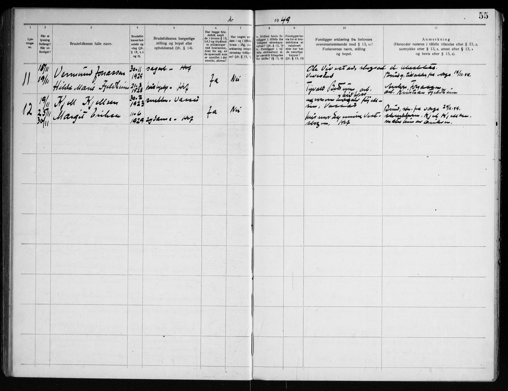 Hof kirkebøker, AV/SAKO-A-64/H/Ha/L0001: Banns register no. 1, 1919-1957, p. 55