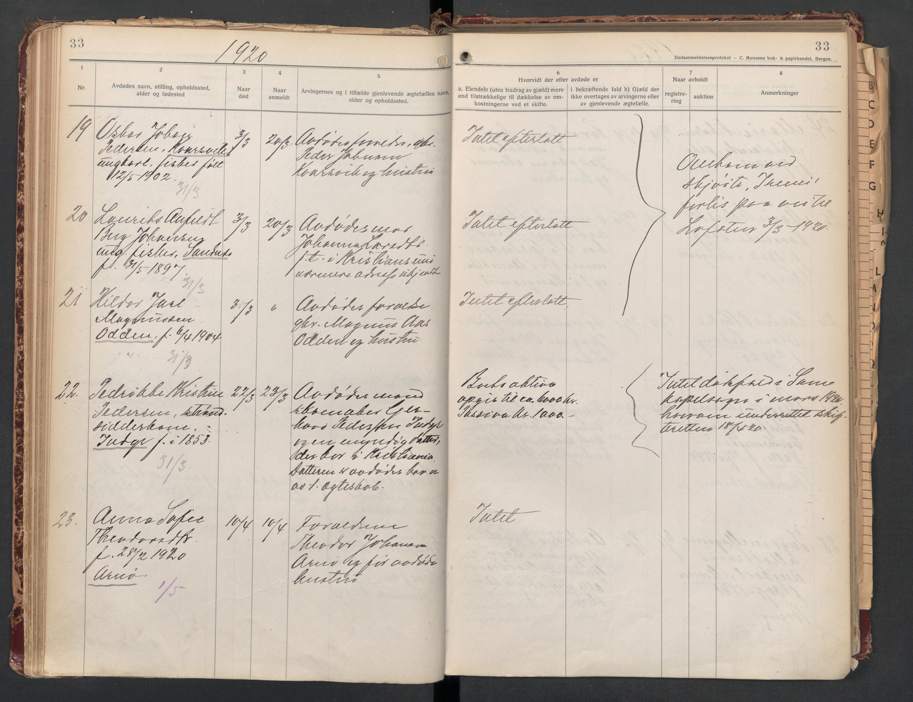 Gildeskål lensmannskontor, AV/SAT-A-4368/1/02/L0008: 2.01.08 - Dødsfallsprotokoll, 1917-1934, p. 33