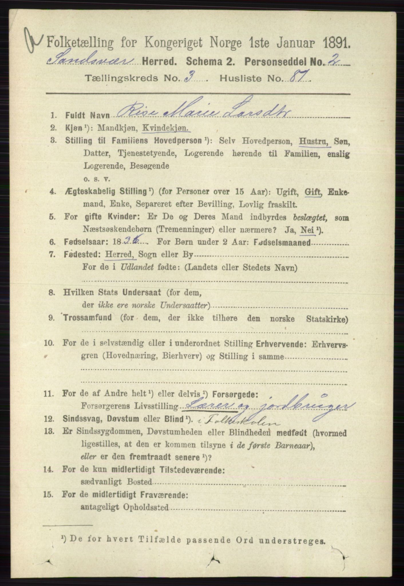RA, 1891 census for 0629 Sandsvær, 1891, p. 1726