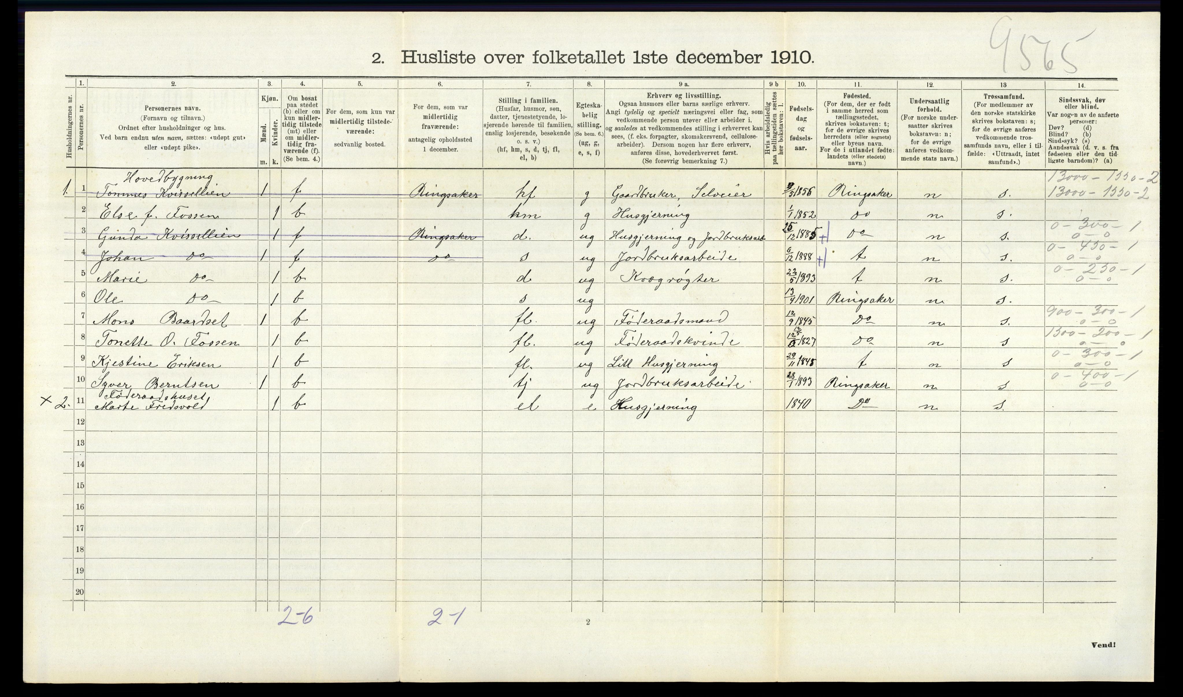 RA, 1910 census for Nes, 1910, p. 826