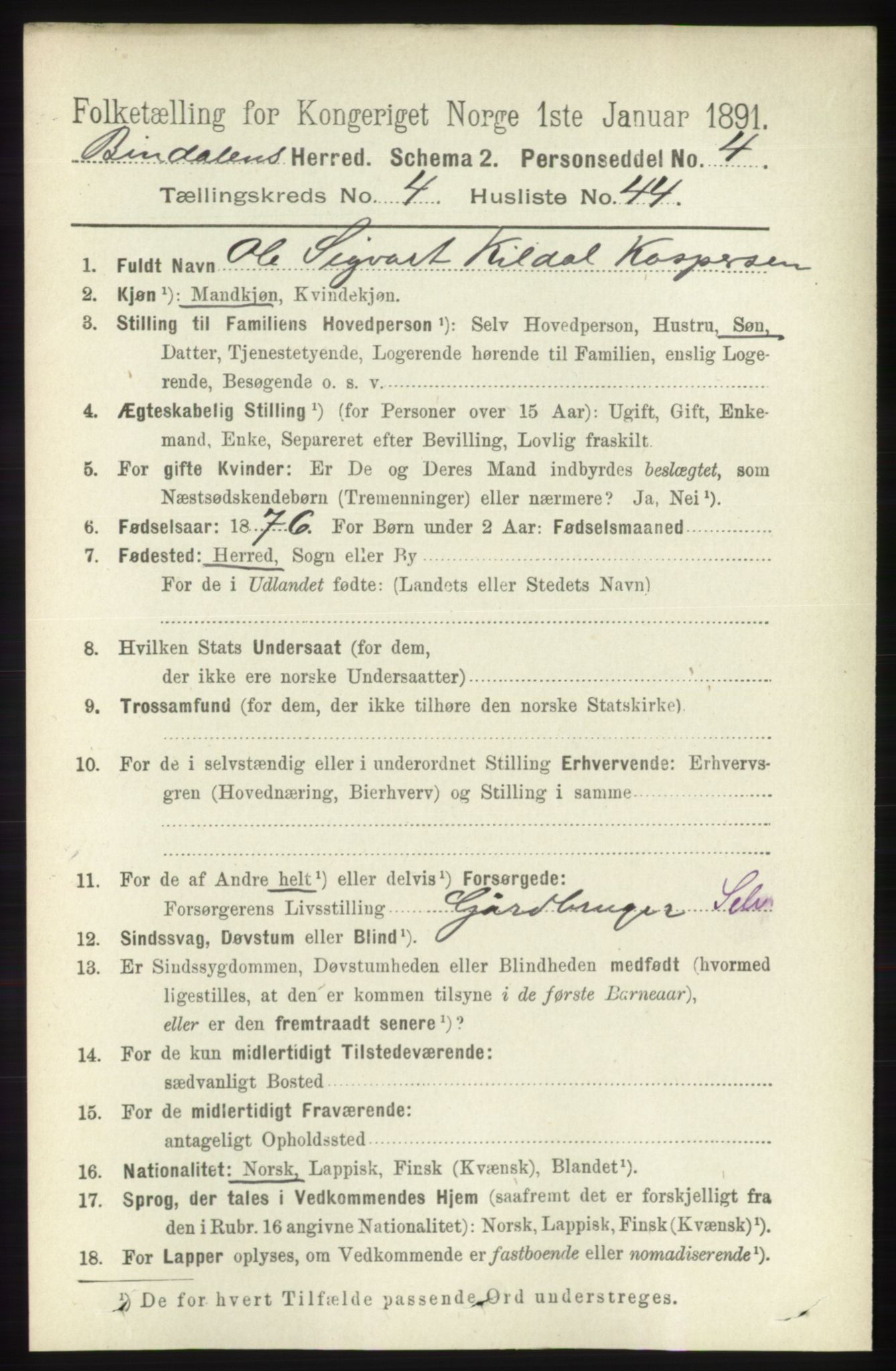 RA, 1891 census for 1811 Bindal, 1891, p. 1286