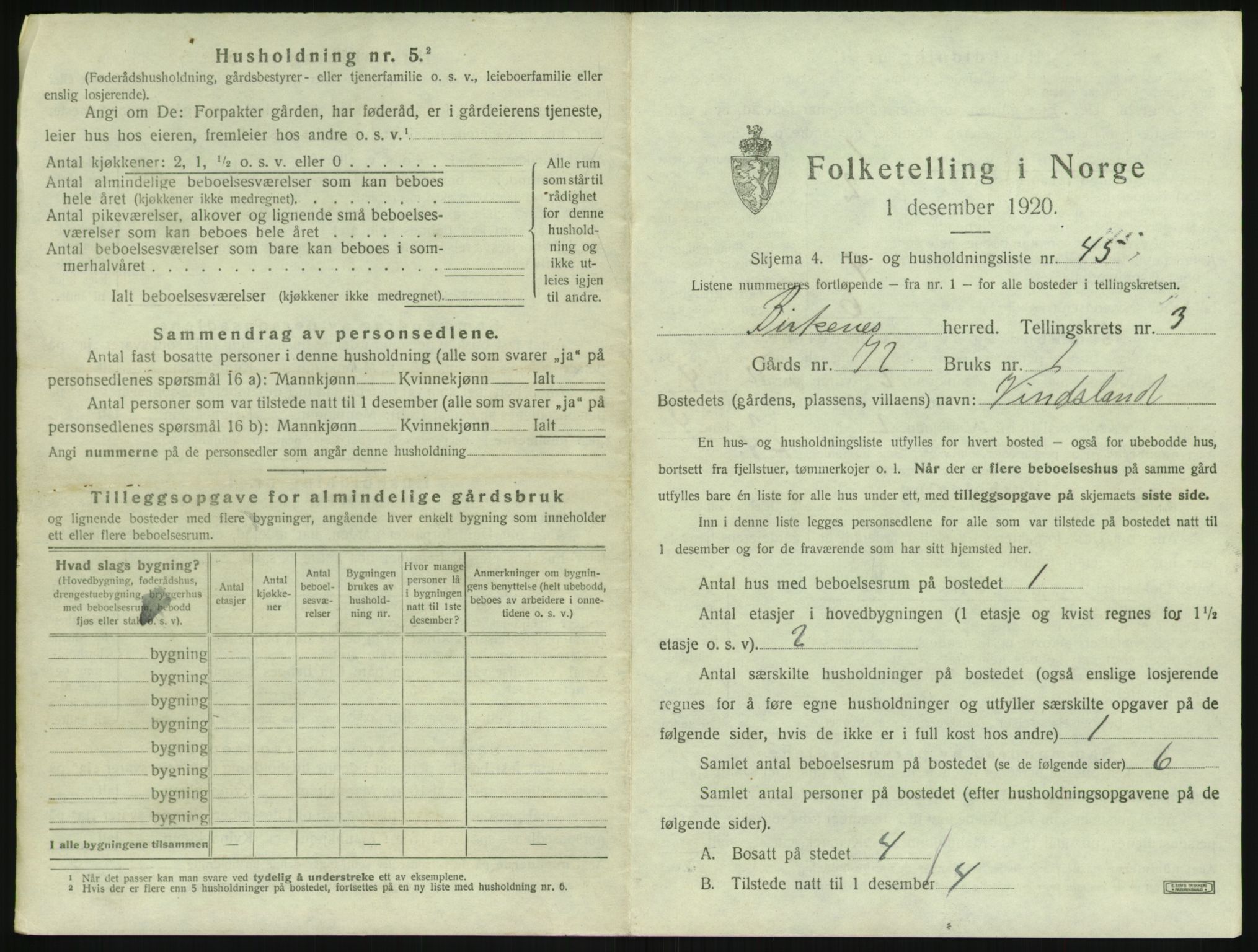 SAK, 1920 census for Birkenes, 1920, p. 243