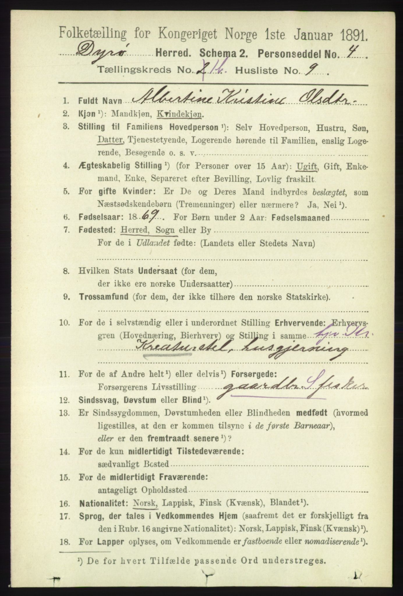 RA, 1891 census for 1926 Dyrøy, 1891, p. 447