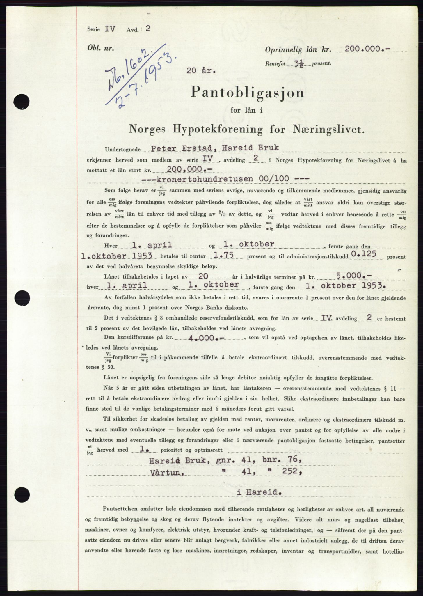 Søre Sunnmøre sorenskriveri, AV/SAT-A-4122/1/2/2C/L0123: Mortgage book no. 11B, 1953-1953, Diary no: : 1602/1953