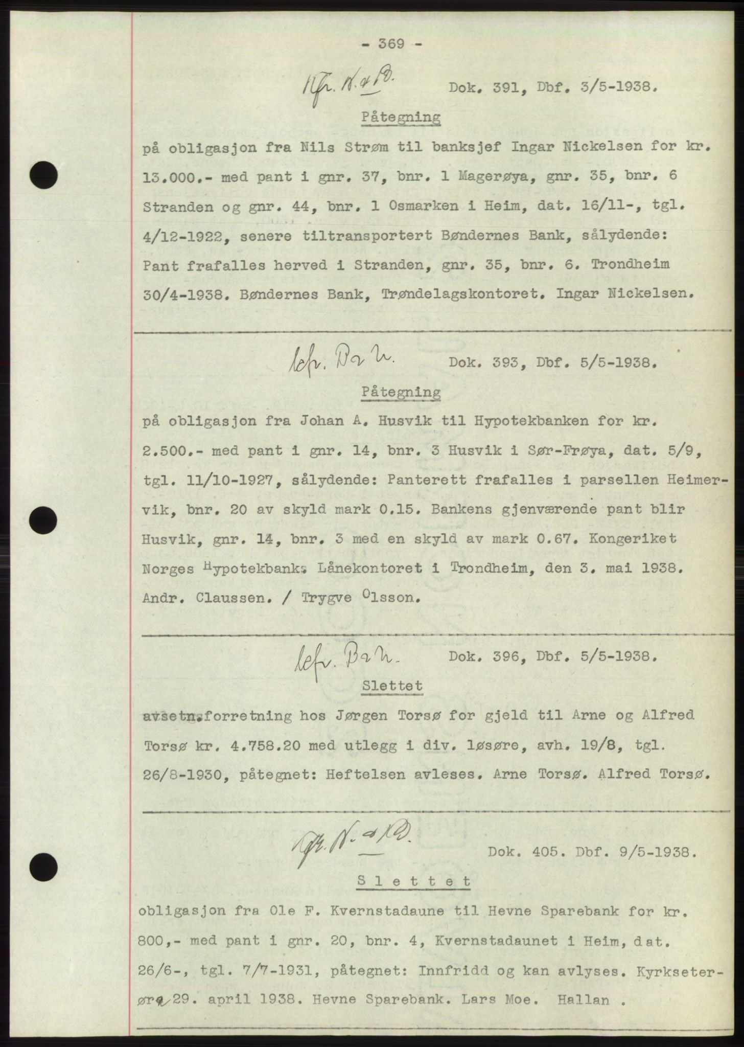 Hitra sorenskriveri, AV/SAT-A-0018/2/2C/2Ca: Mortgage book no. C1, 1936-1945, Diary no: : 391/1938