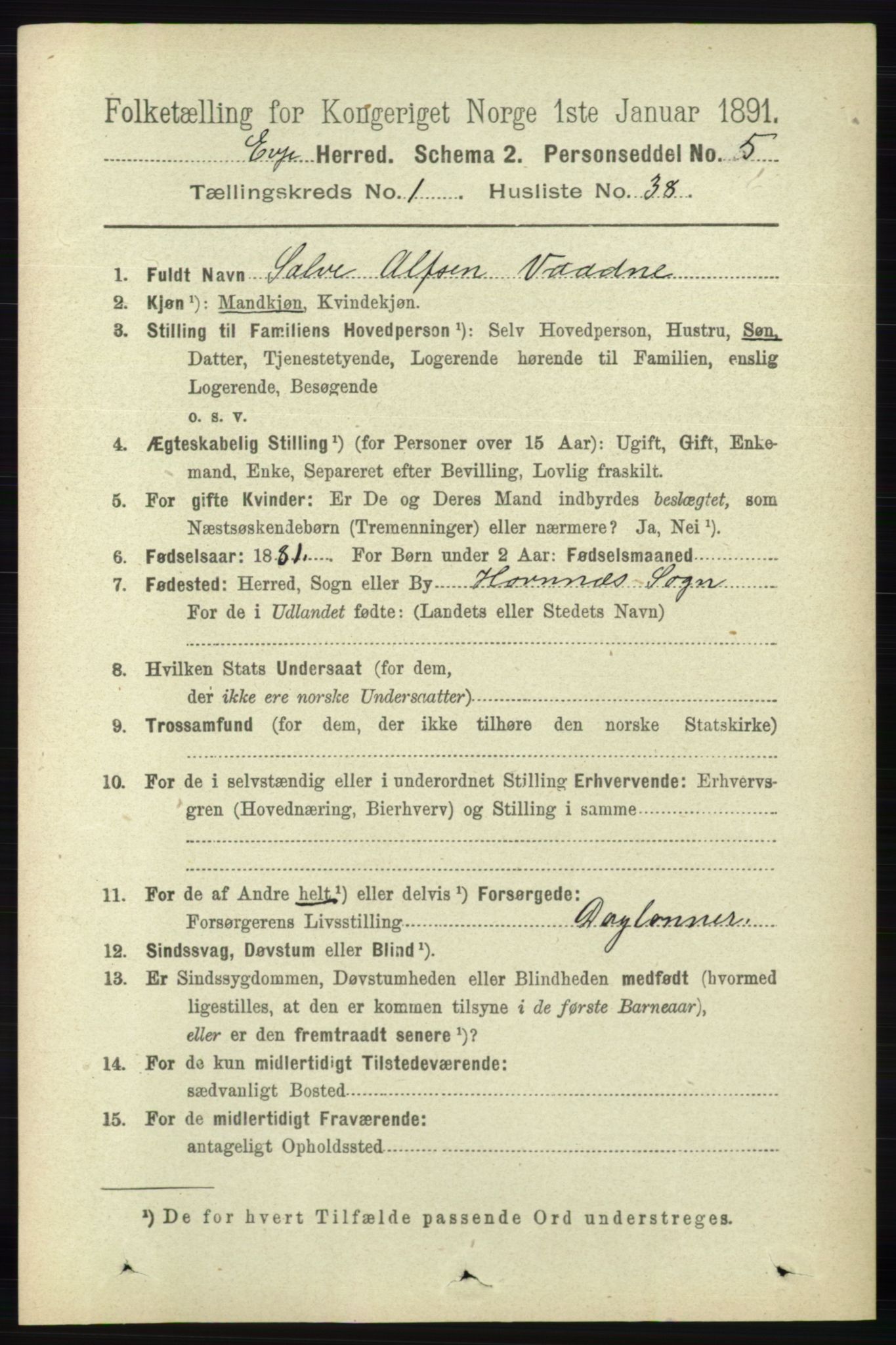 RA, 1891 census for 0937 Evje, 1891, p. 328