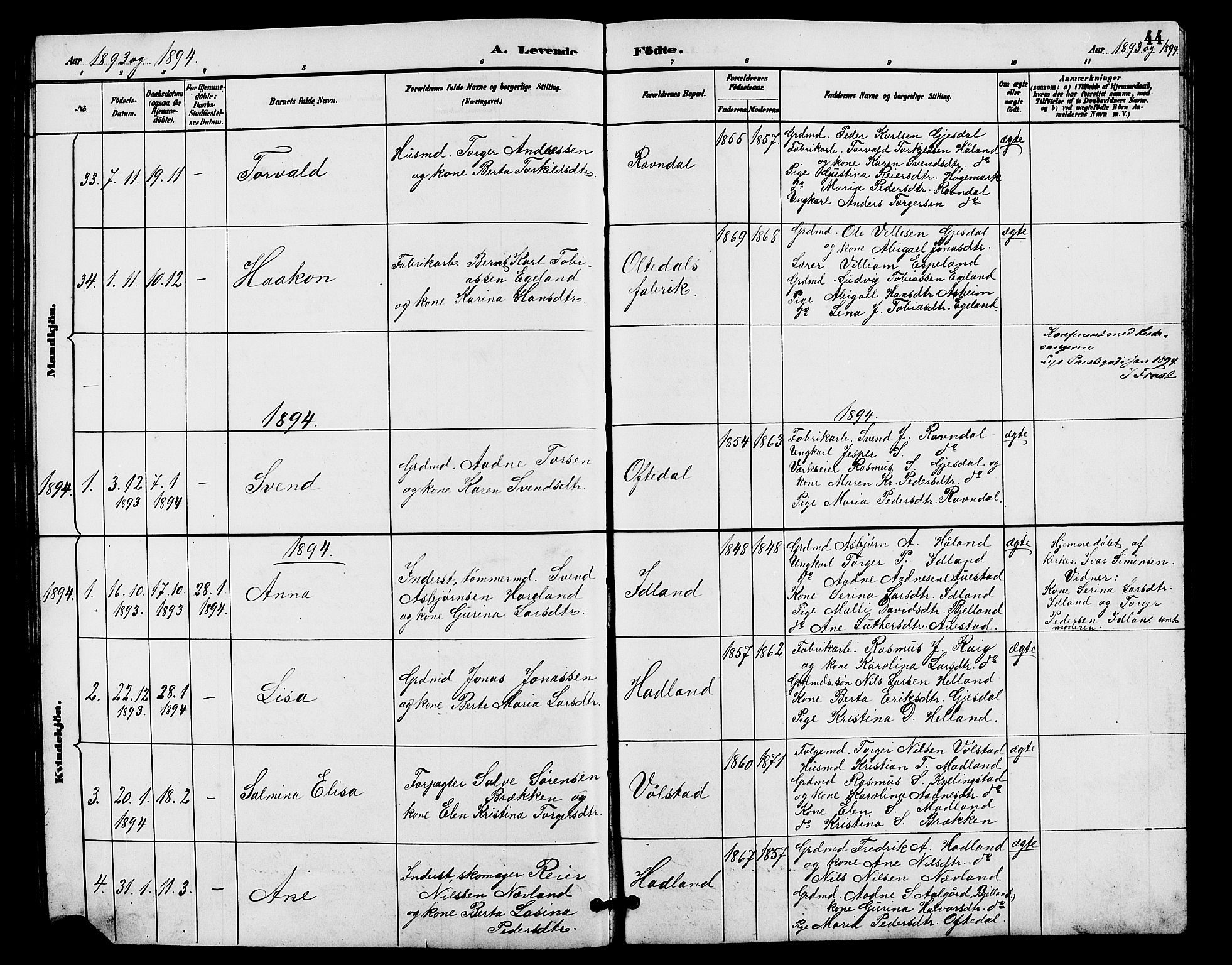 Lye sokneprestkontor, SAST/A-101794/001/30BB/L0008: Parish register (copy) no. B 7, 1887-1901, p. 44