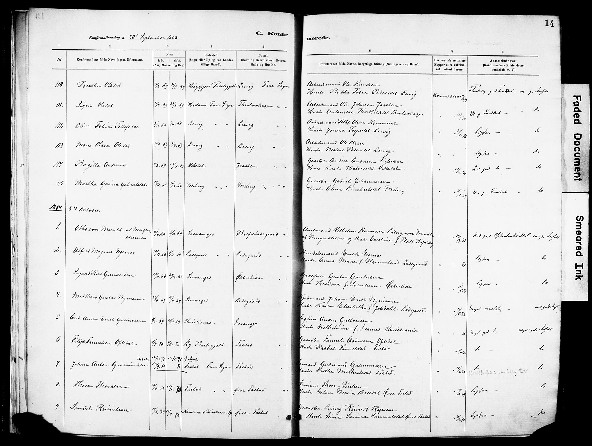 Hetland sokneprestkontor, SAST/A-101826/30/30BA/L0012: Parish register (official) no. A 12, 1882-1912, p. 14