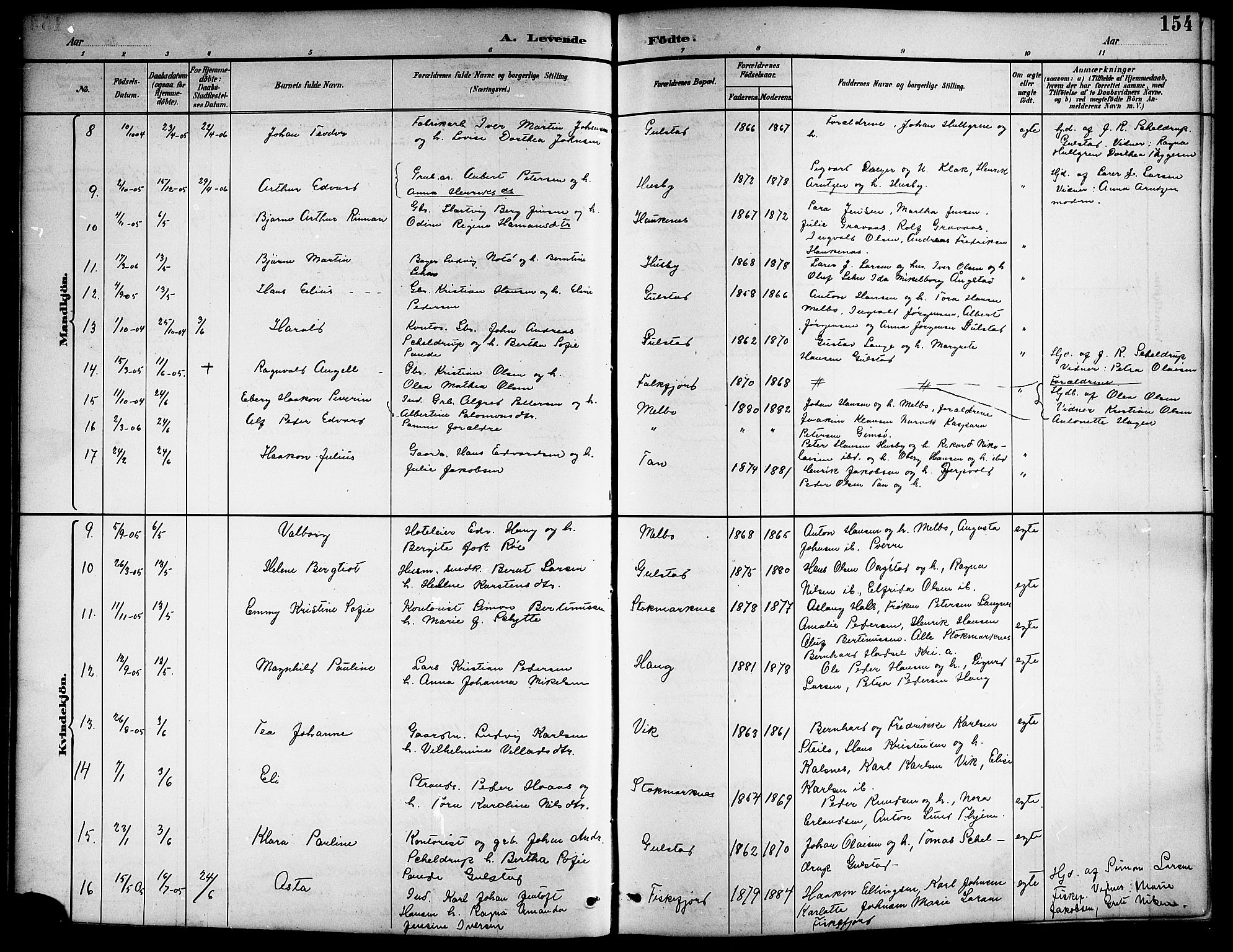 Ministerialprotokoller, klokkerbøker og fødselsregistre - Nordland, AV/SAT-A-1459/888/L1268: Parish register (copy) no. 888C06, 1891-1908, p. 154