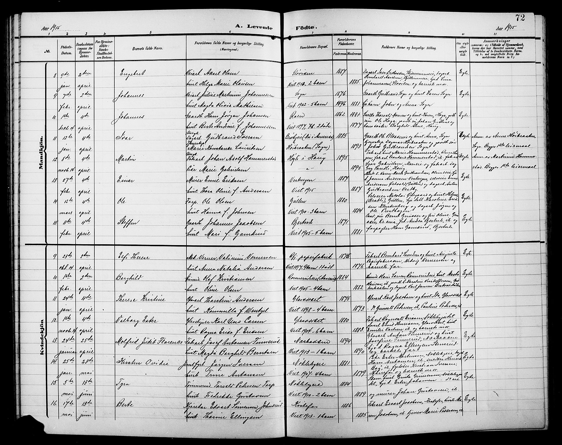 Jevnaker prestekontor, SAH/PREST-116/H/Ha/Hab/L0004: Parish register (copy) no. 4, 1907-1918, p. 72