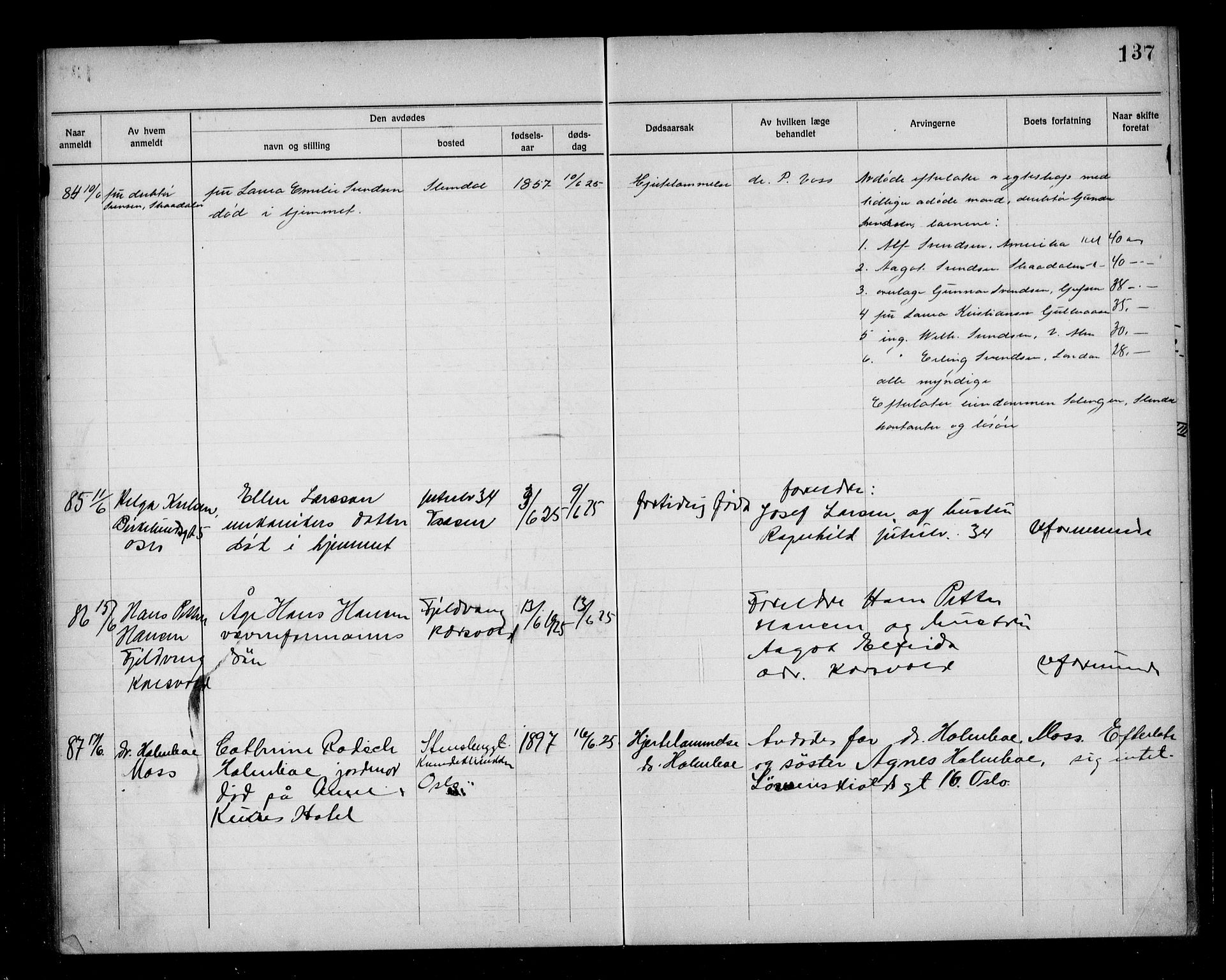 Aker kriminaldommer, skifte- og auksjonsforvalterembete, SAO/A-10452/H/Hb/Hba/Hbab/L0001: Dødsfallsprotokoll for Vestre Aker, 1922-1925, p. 137