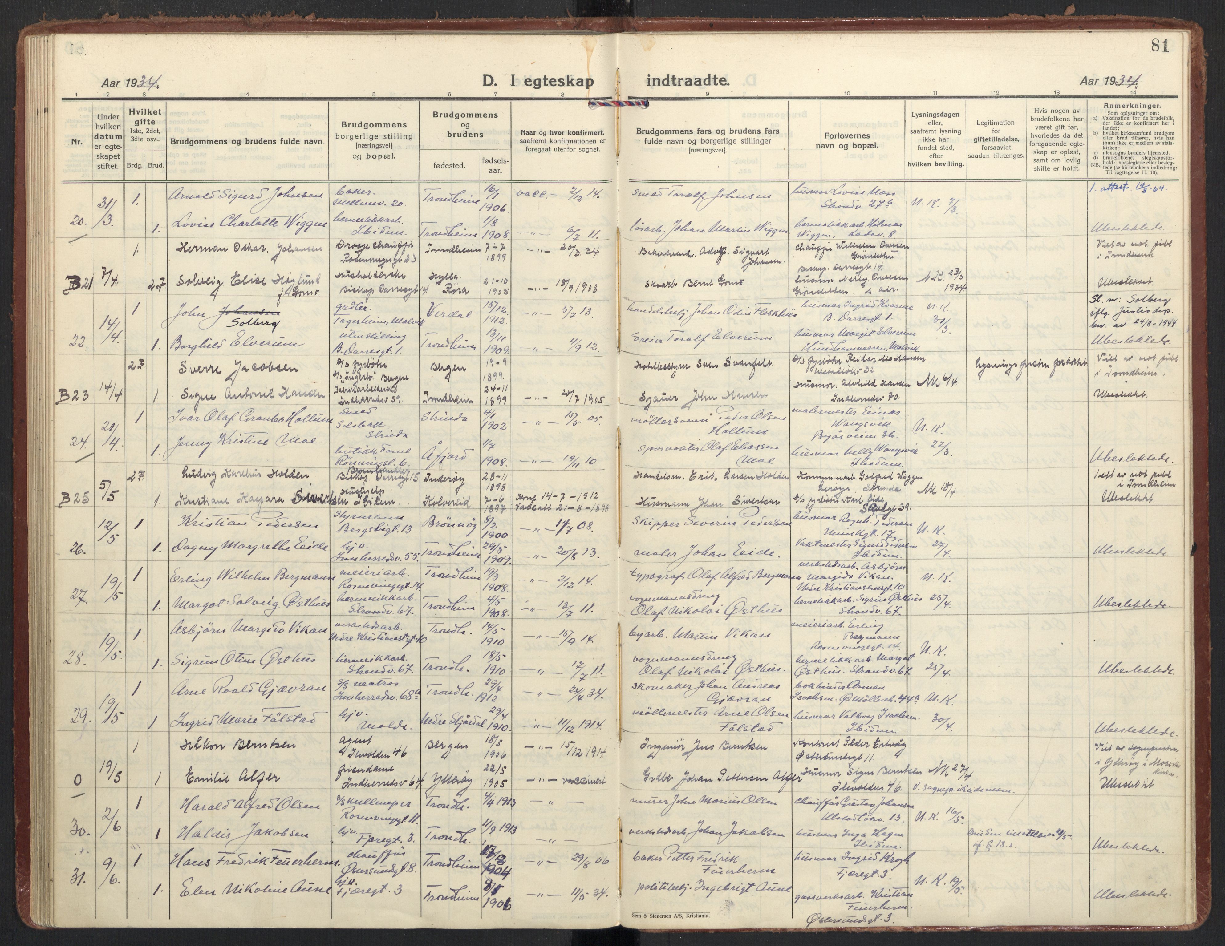 Ministerialprotokoller, klokkerbøker og fødselsregistre - Sør-Trøndelag, AV/SAT-A-1456/605/L0249: Parish register (official) no. 605A11, 1925-1936, p. 81