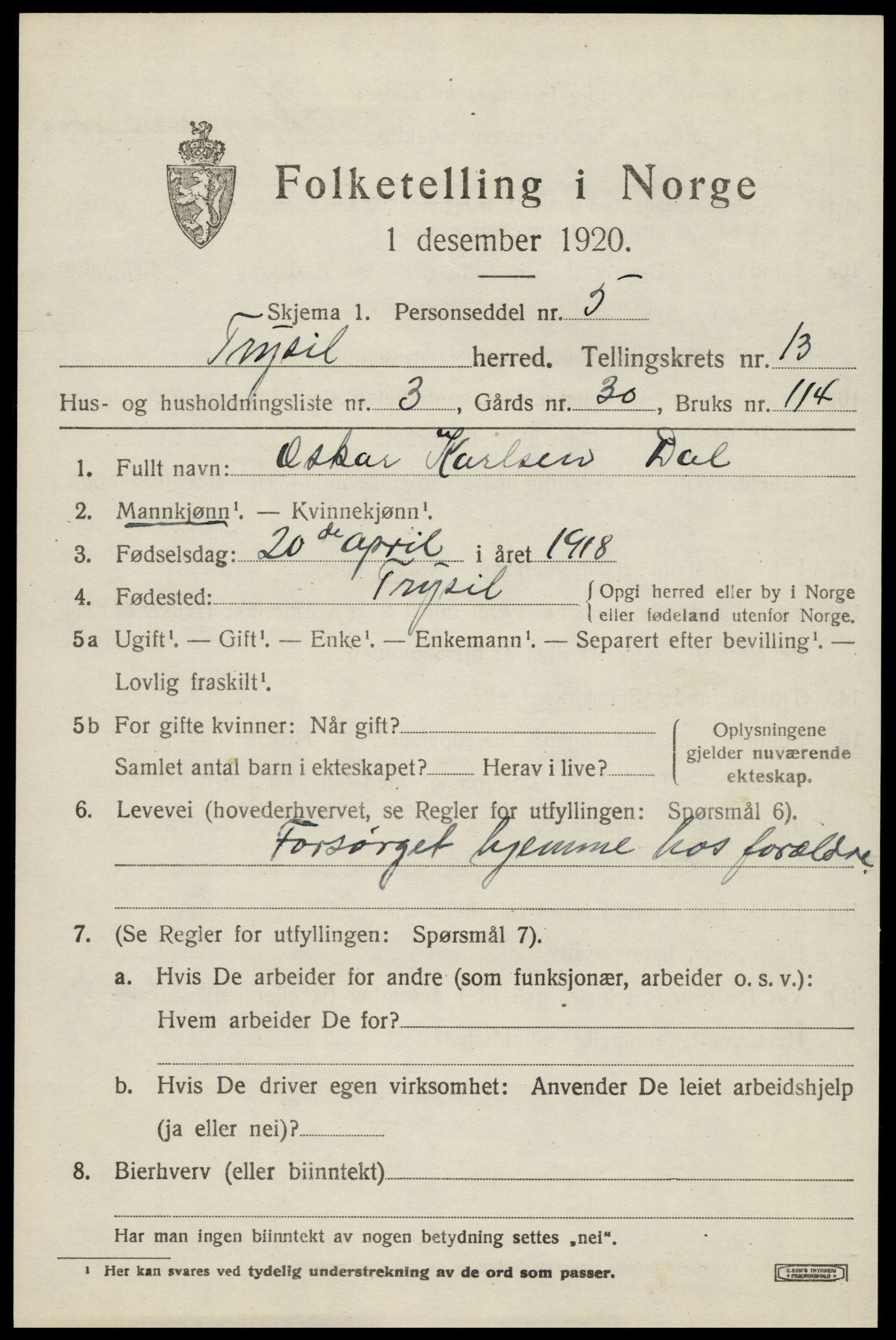 SAH, 1920 census for Trysil, 1920, p. 7653