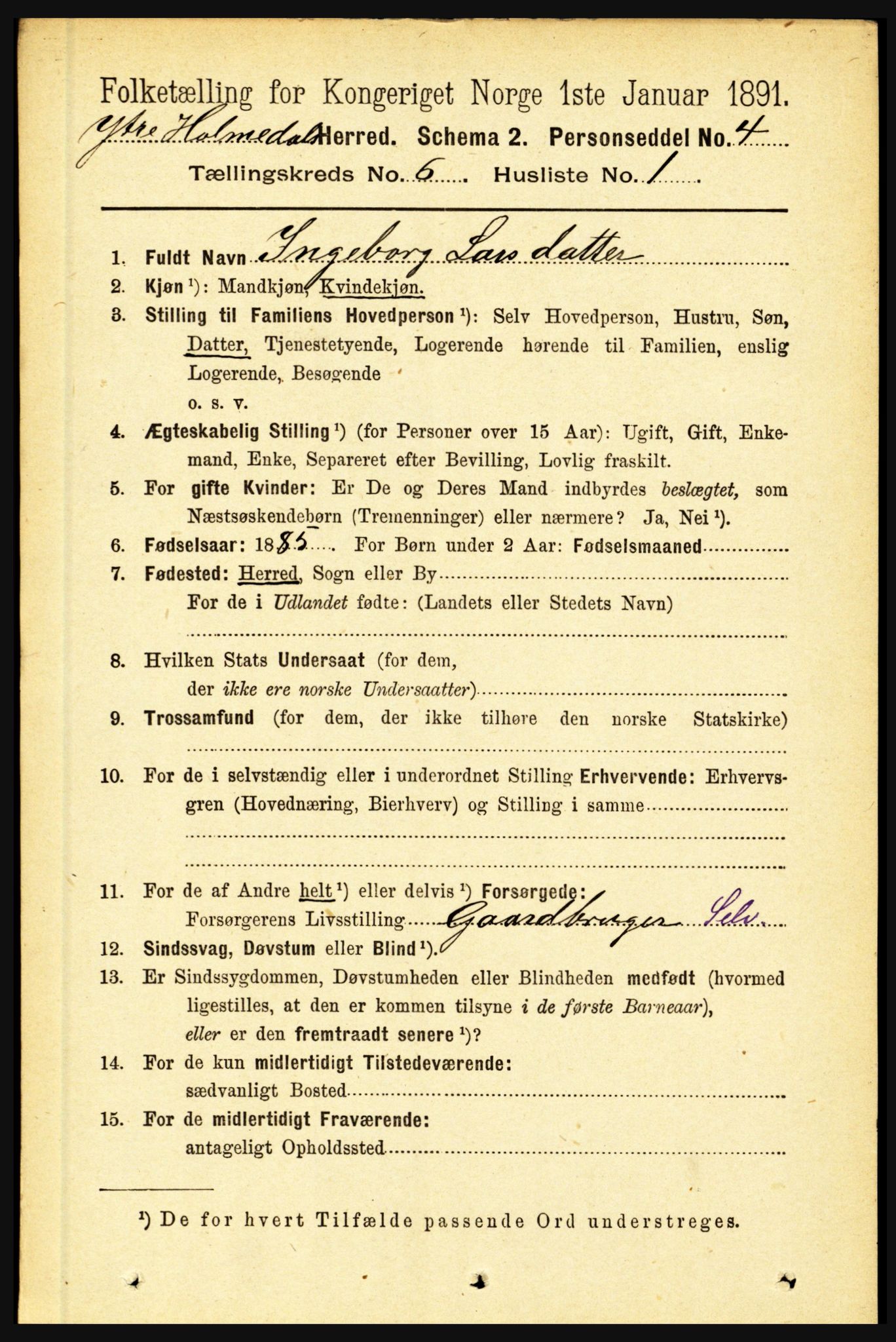 RA, 1891 census for 1429 Ytre Holmedal, 1891, p. 1335