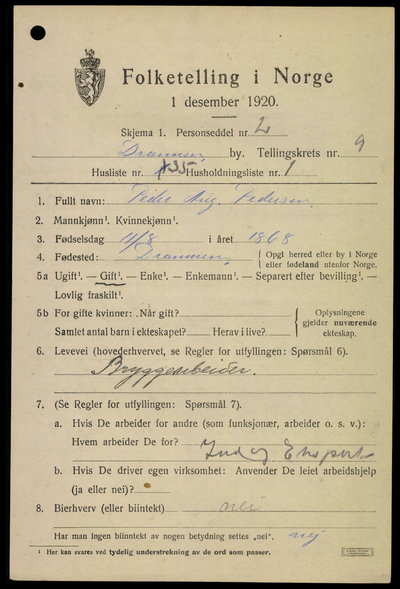 SAKO, 1920 census for Drammen, 1920, p. 59851