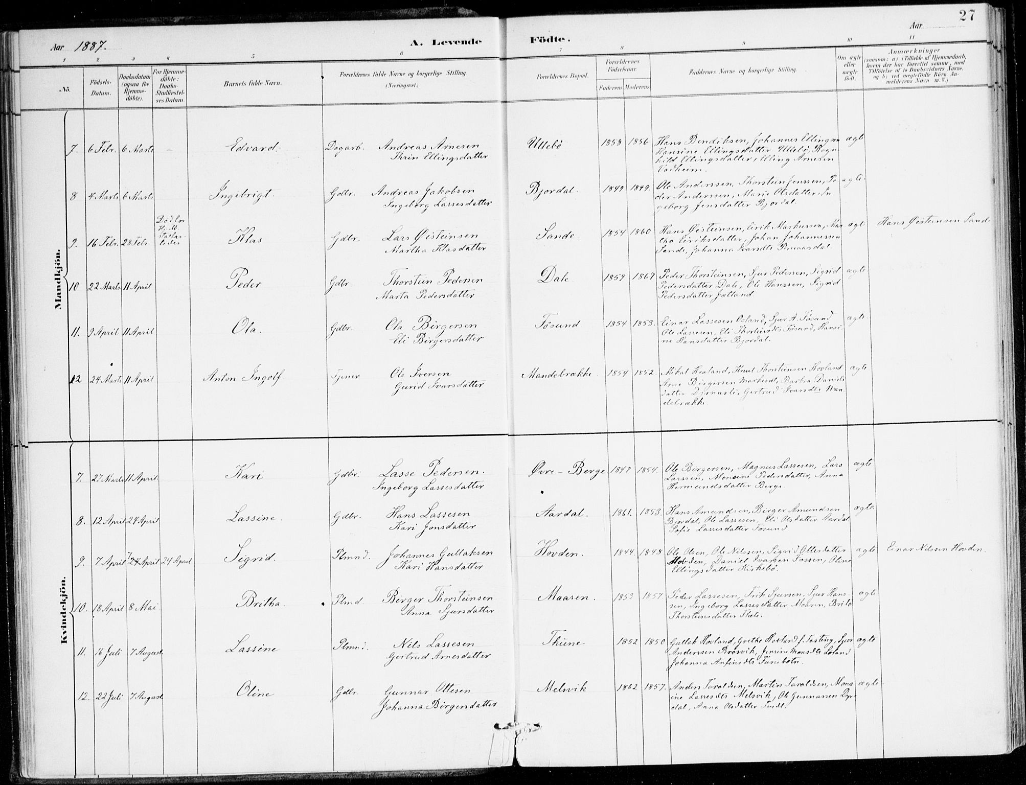 Lavik sokneprestembete, AV/SAB-A-80901: Parish register (official) no. C 1, 1882-1904, p. 27