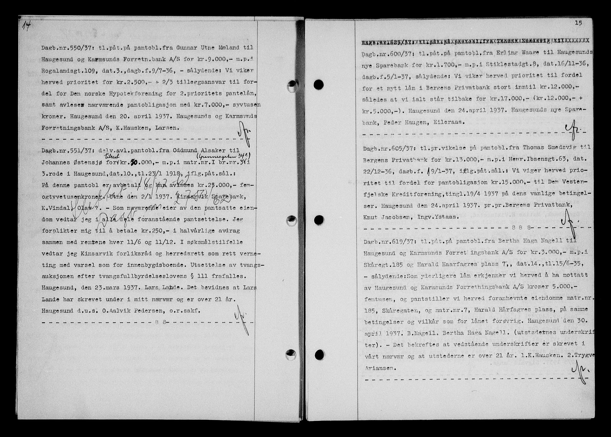 Haugesund tingrett, AV/SAST-A-101415/01/II/IIC/L0031: Mortgage book no. 31, 1936-1938, Diary no: : 550/1937