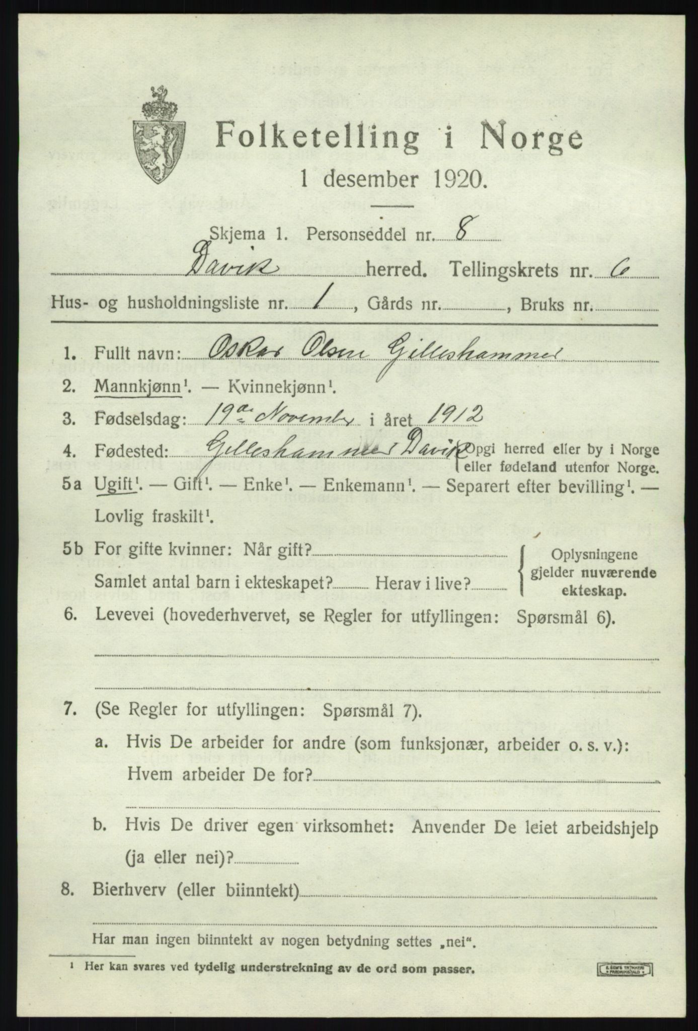 SAB, 1920 census for Davik, 1920, p. 3345