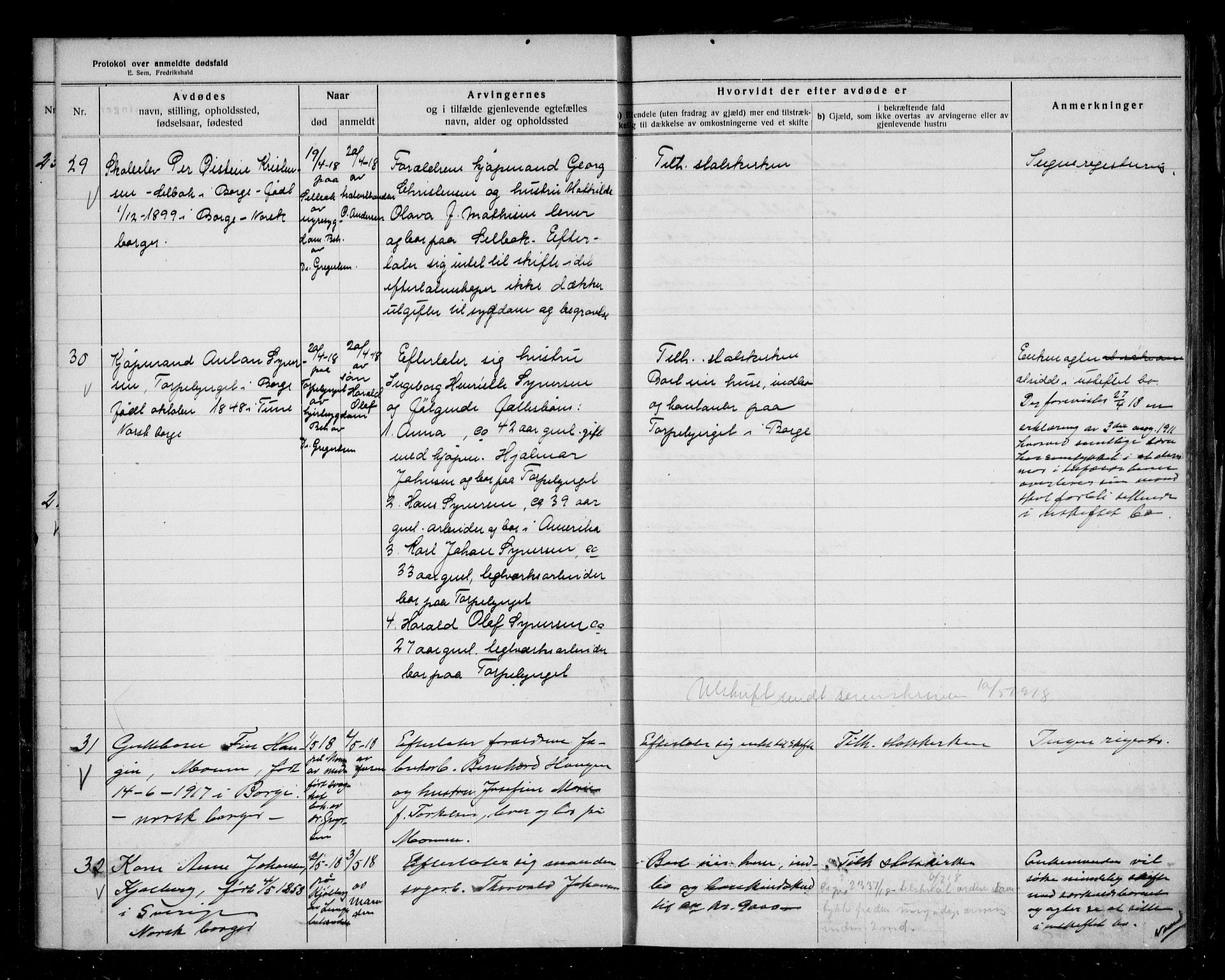 Borge lensmannskontor (Østfold), AV/SAO-A-10176/H/Ha/Haa/L0010: Dødsfallsprotokoll, 1918-1920