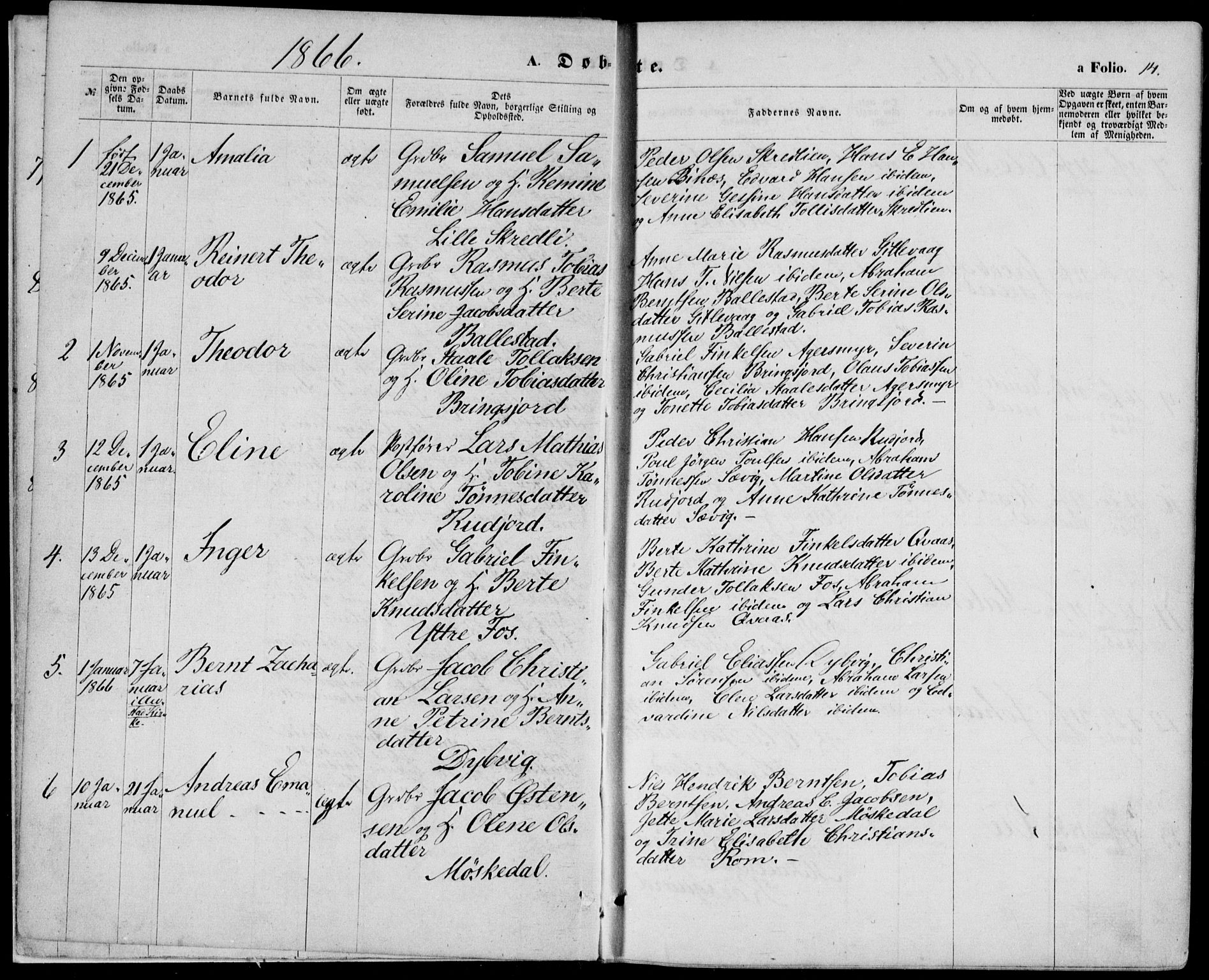 Lyngdal sokneprestkontor, SAK/1111-0029/F/Fa/Fac/L0010: Parish register (official) no. A 10, 1865-1878, p. 14