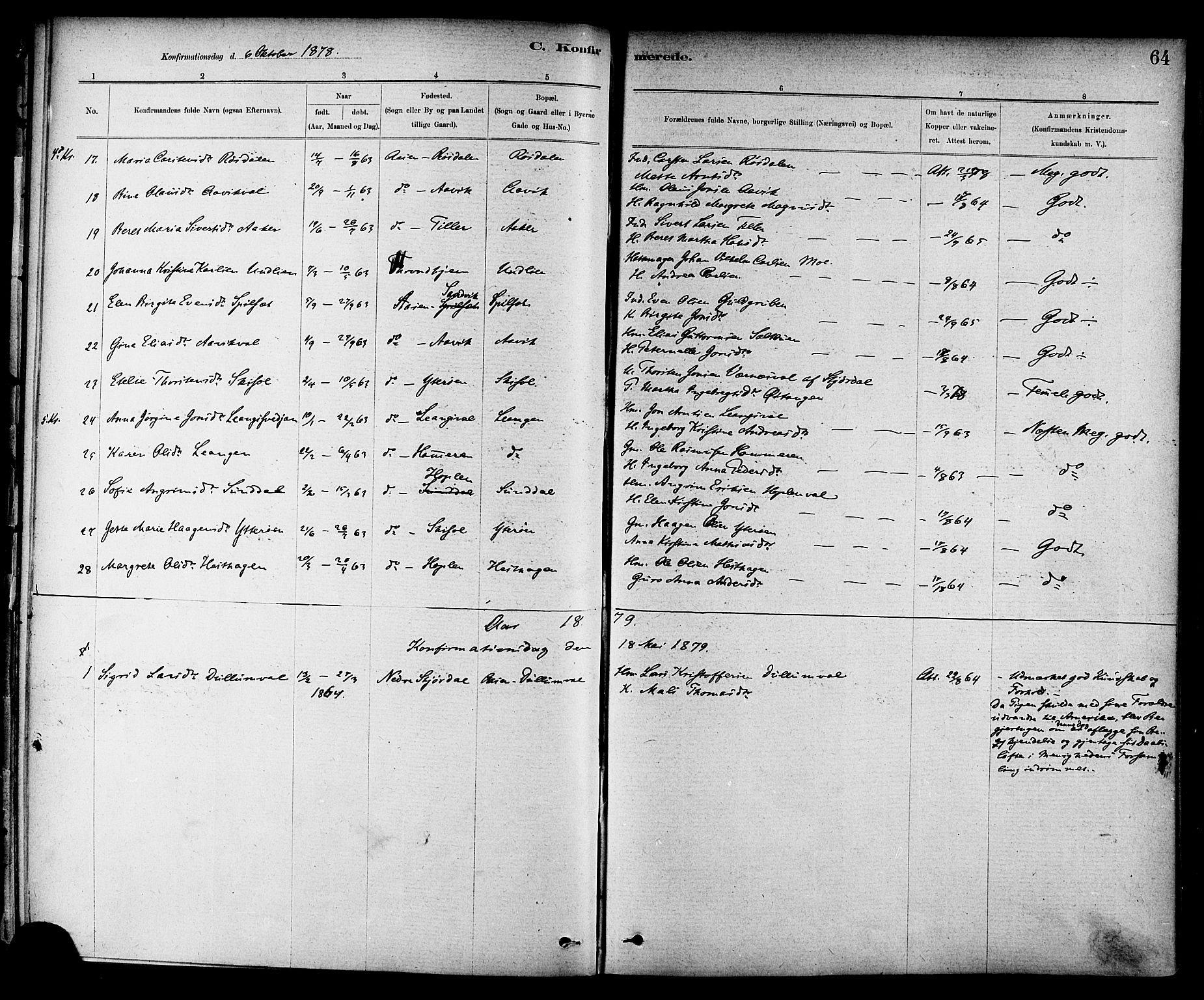 Ministerialprotokoller, klokkerbøker og fødselsregistre - Nord-Trøndelag, SAT/A-1458/714/L0130: Parish register (official) no. 714A01, 1878-1895, p. 64